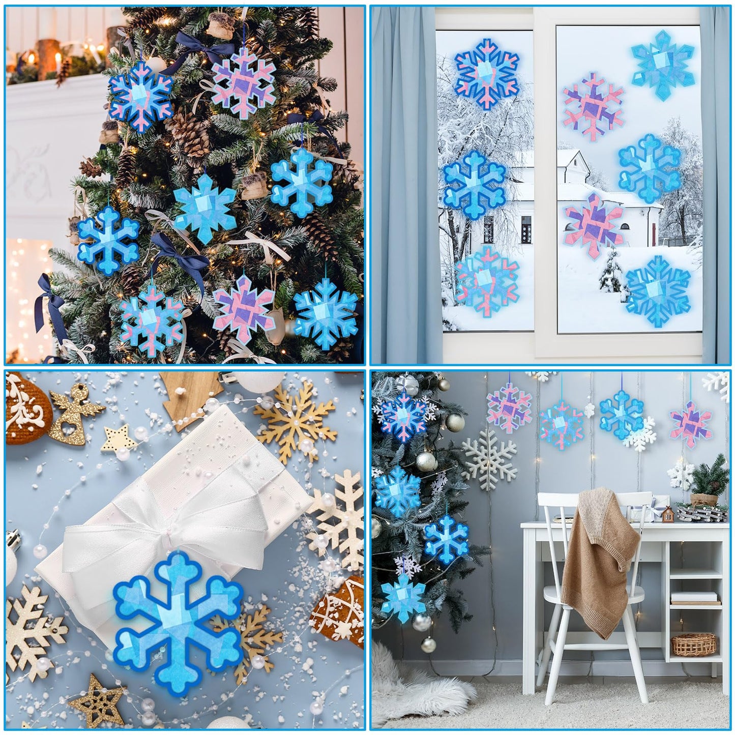 Motipuns 32 Pcs Winter Snowflake Suncatcher Ornament Craft Kit with Blue Ribbon, Christmas Window Art Decoration DIY Ornament Set for Adults Winter Activity
