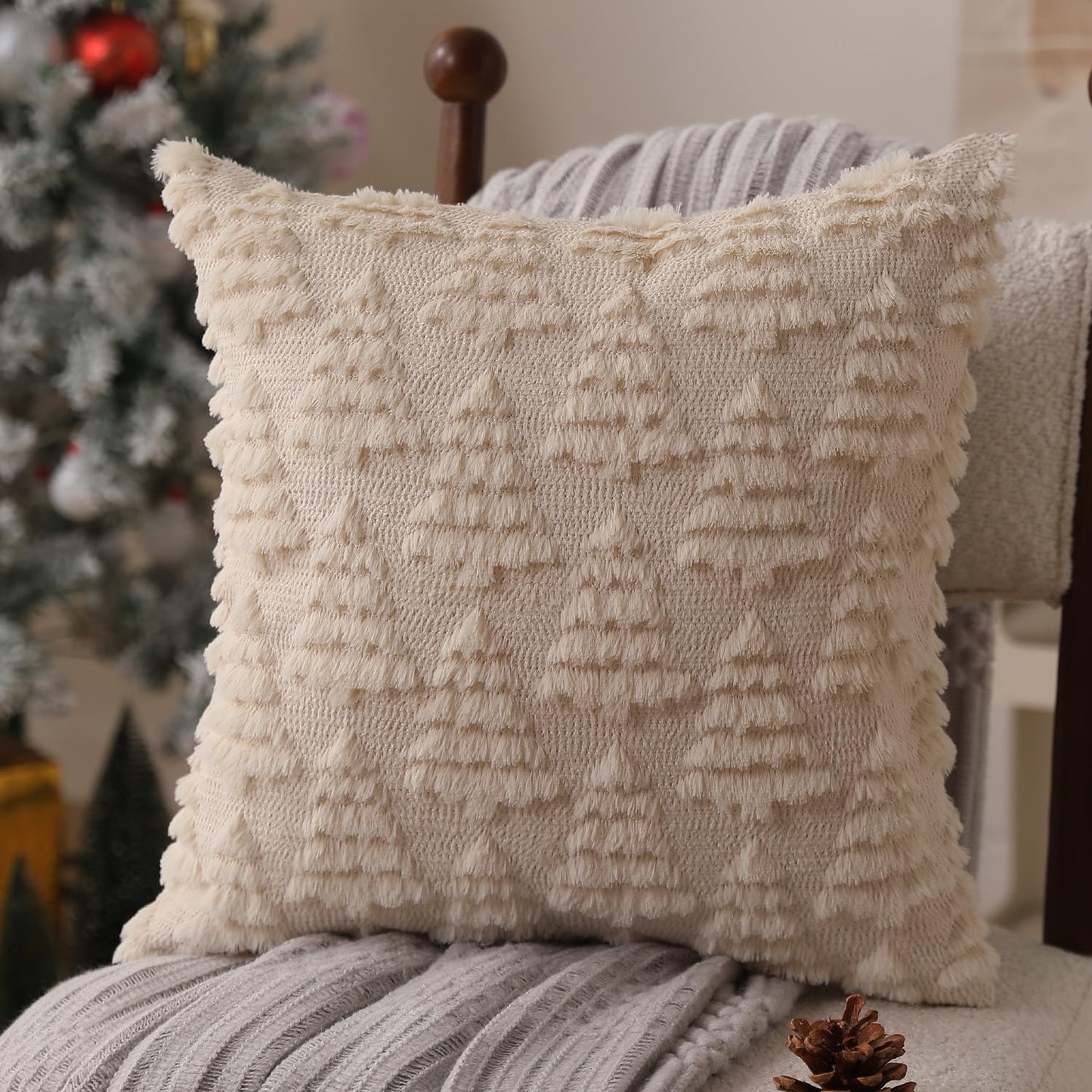 Allorry Christmas Pillow Covers 18 x 18 Set of 2 Xmas Decorations Beige Christmas Tree Pillow Cases Plush Faux Fur Soft Cushion Case for Winter Xmas Holiday Home Bedroom Sofa Decors SY-003-C18