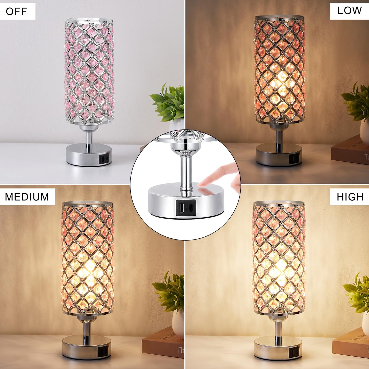 Hong-in Crystal Table Lamp, Pink Touch Lamp with USB C+A Ports, 3 Way Dimmable Bedroom Light with Crystal Shade, Bedside Nightstand Small Lamp for Girl Bedroom, Living Room(Buld Included)