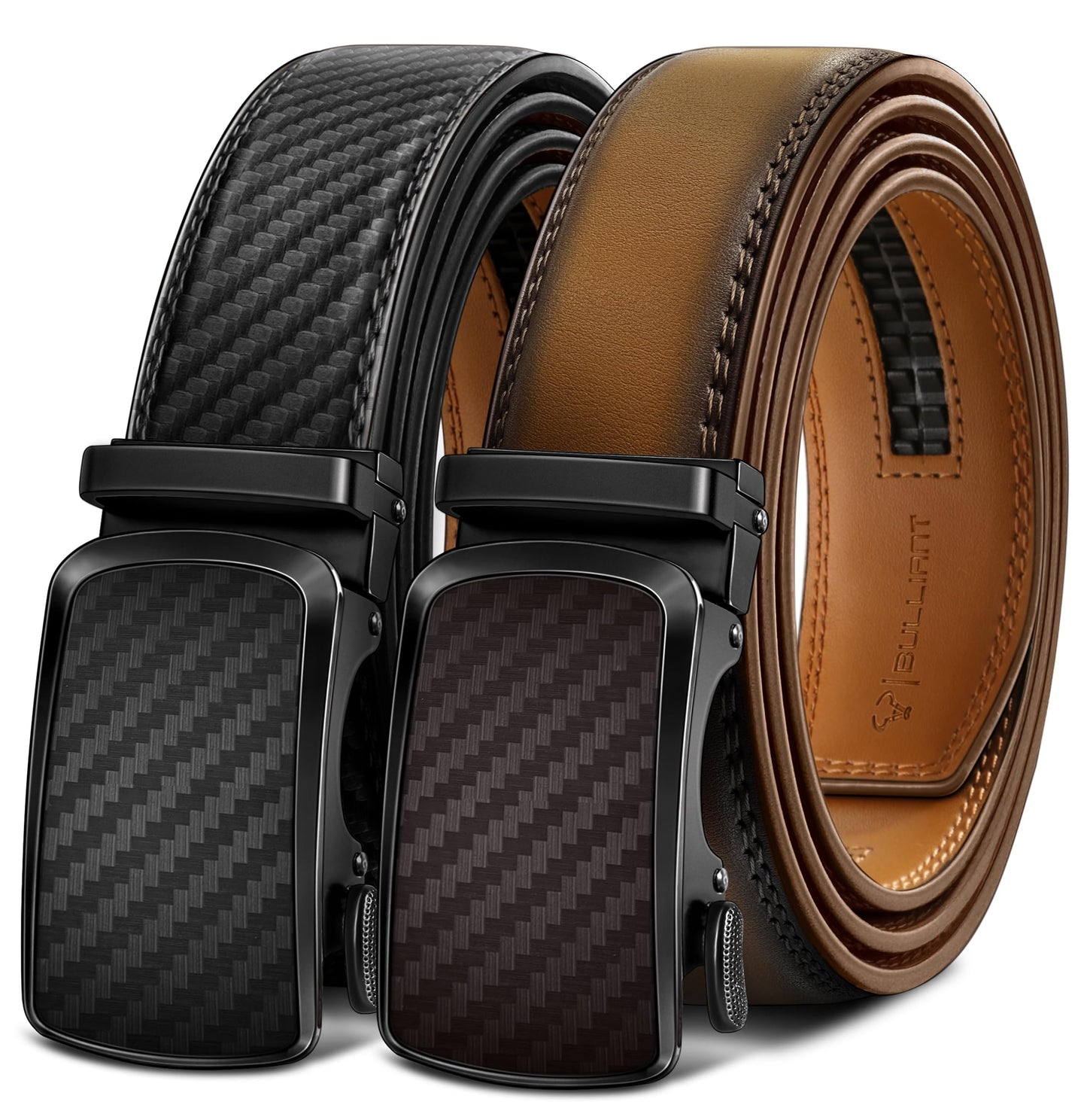 BULLIANT Men's Ratchet Belt 2 Pack-Click Leather Belt Adjustable for Men Gift 1 3/8-Cut for Perfect Fit(Black/Tawny,34"-40" Waist Adjustable)