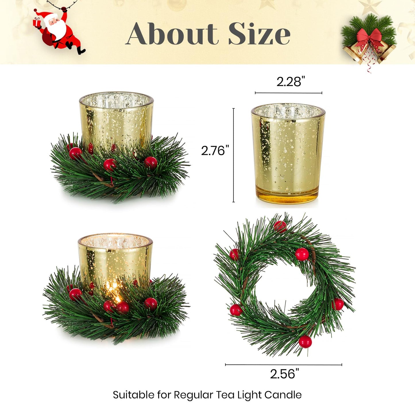 Hewory Christmas Tealight Candle Holder: Set of 6 Decorative Gold Tea Lights Candleholder with Xmas Wreath, Christmas Decoration Votive Candle Holders for Dinner Table Centerpieces Living Room Holiday