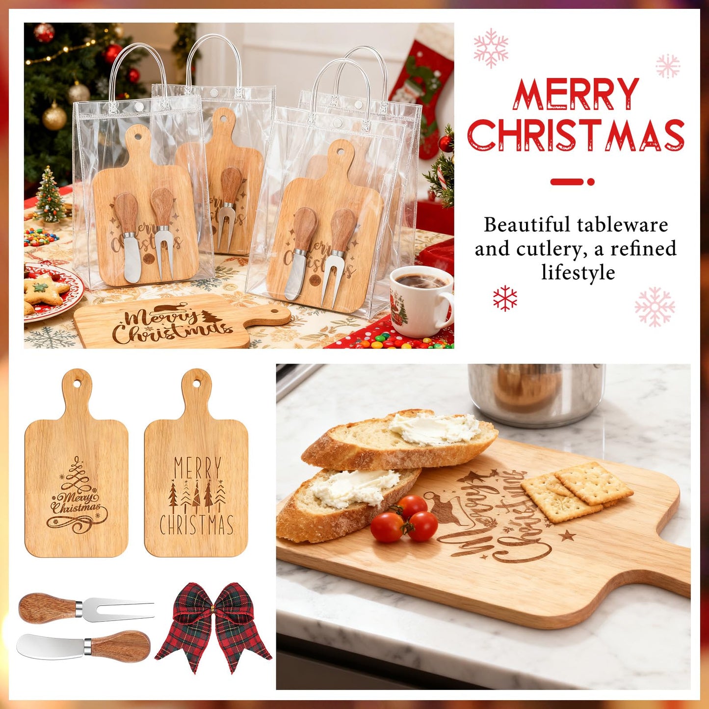 12 Set Merry Christmas Wood Cutting Board Bulk Christmas Kitchen Gift Set Xmas Tree Kitchen Charcuterie Board Serving Platter Tray for Winter Home Party Gift Decor
