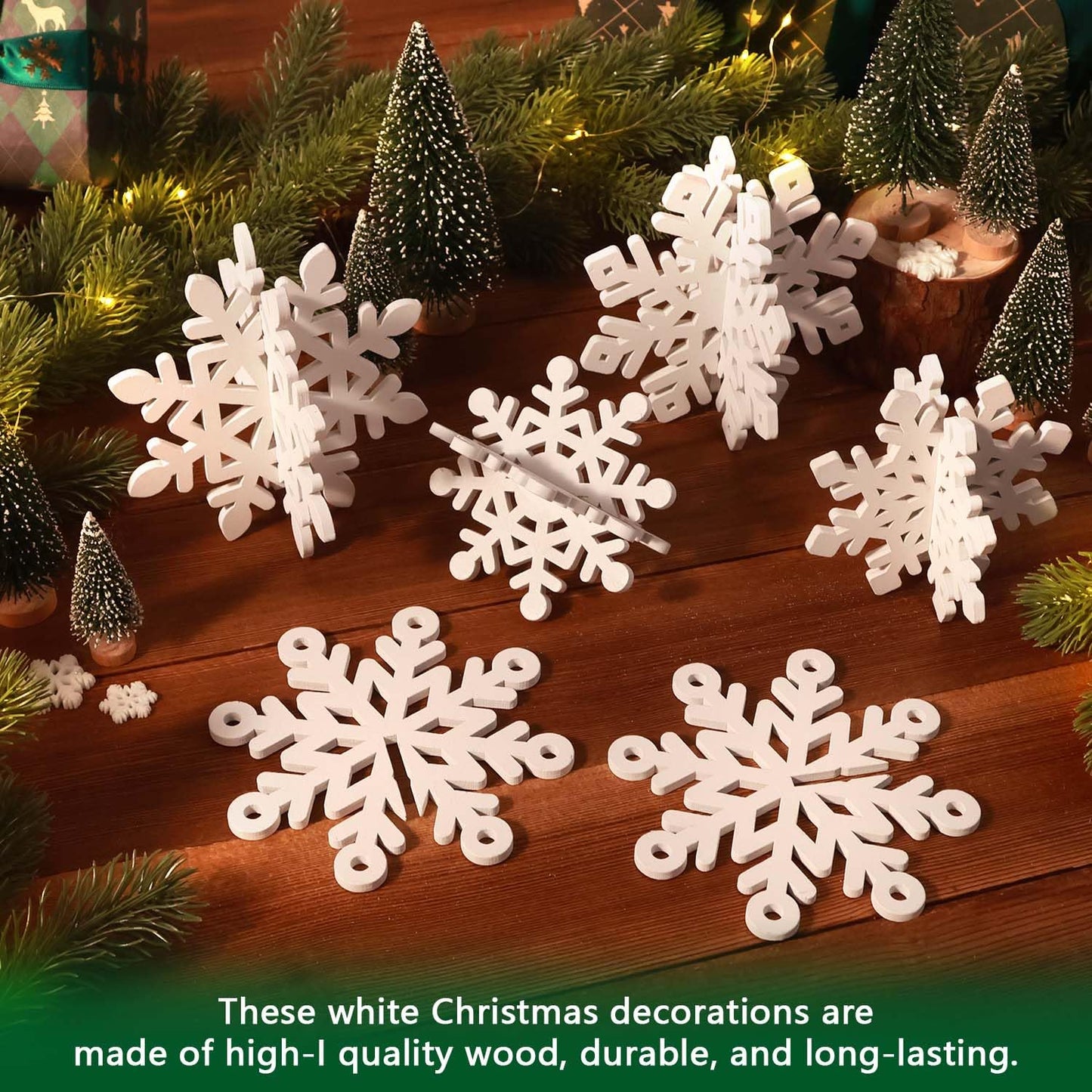 LHMTQVK 15 Pcs White Wooden Snowflakes Christmas Centerpiece Table Decorations - 7 Set 3D Snowflakes and Lights for Winter Wonderland Home Wedding Birthday Christmas Decor