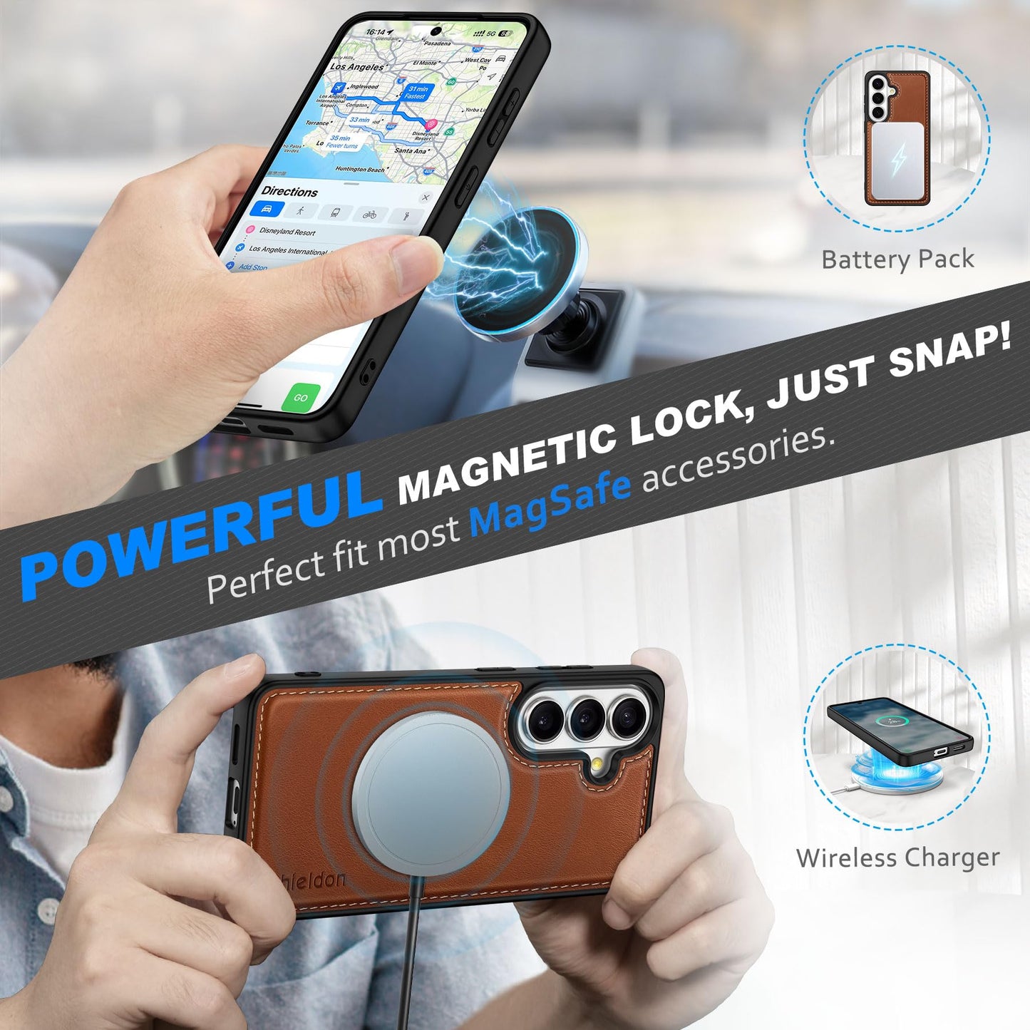 SHIELDON Detachable Wallet Case for Galaxy S26 6.3-inch, Genuine Leather, 2-in-1, Wireless Charging, Magnetic Closure, RFID Blocking Credit Card Slot, Kickstand, Full Protective Cover - Retro Brown