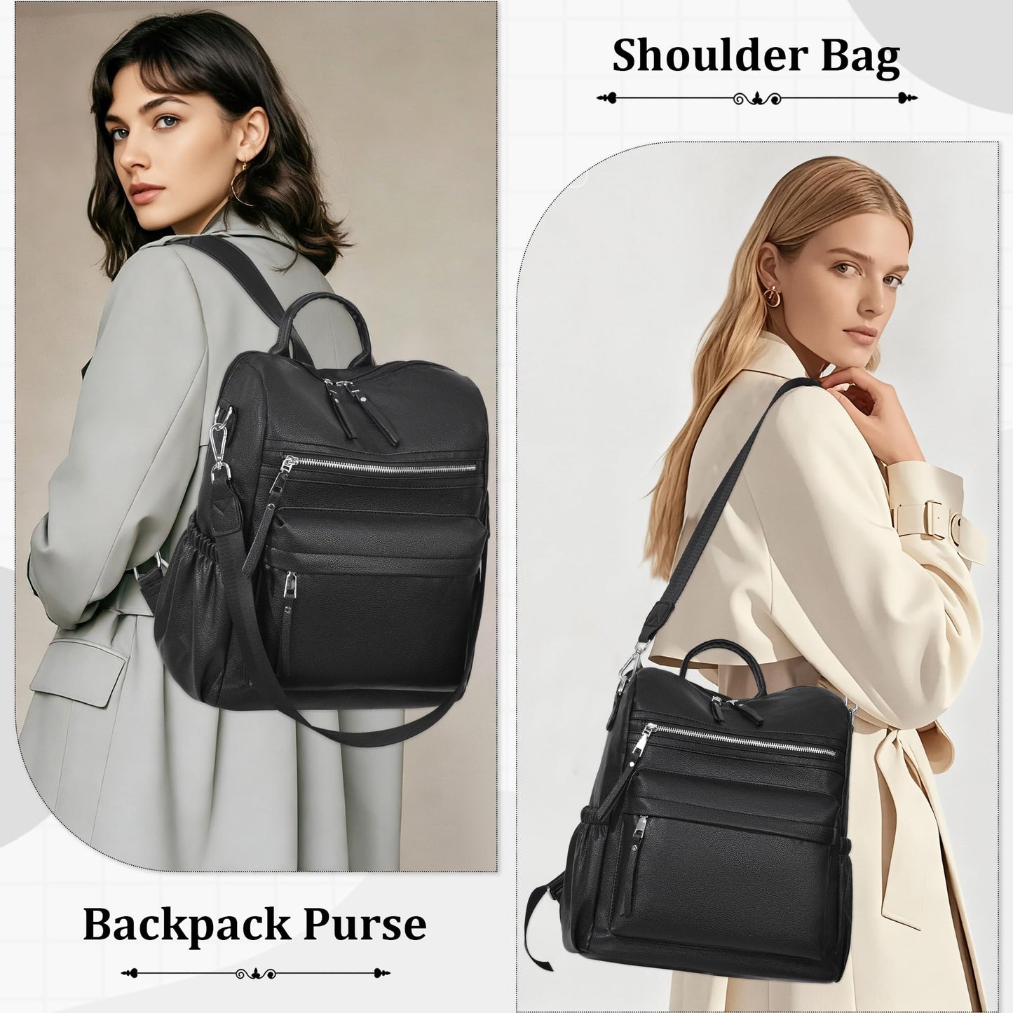 Dora & Liz Womens Backpack Purse Leather Backpack Purse for Women Travel Fashion Backpack Designer Ladies Shoulder Bags (Black Leather)