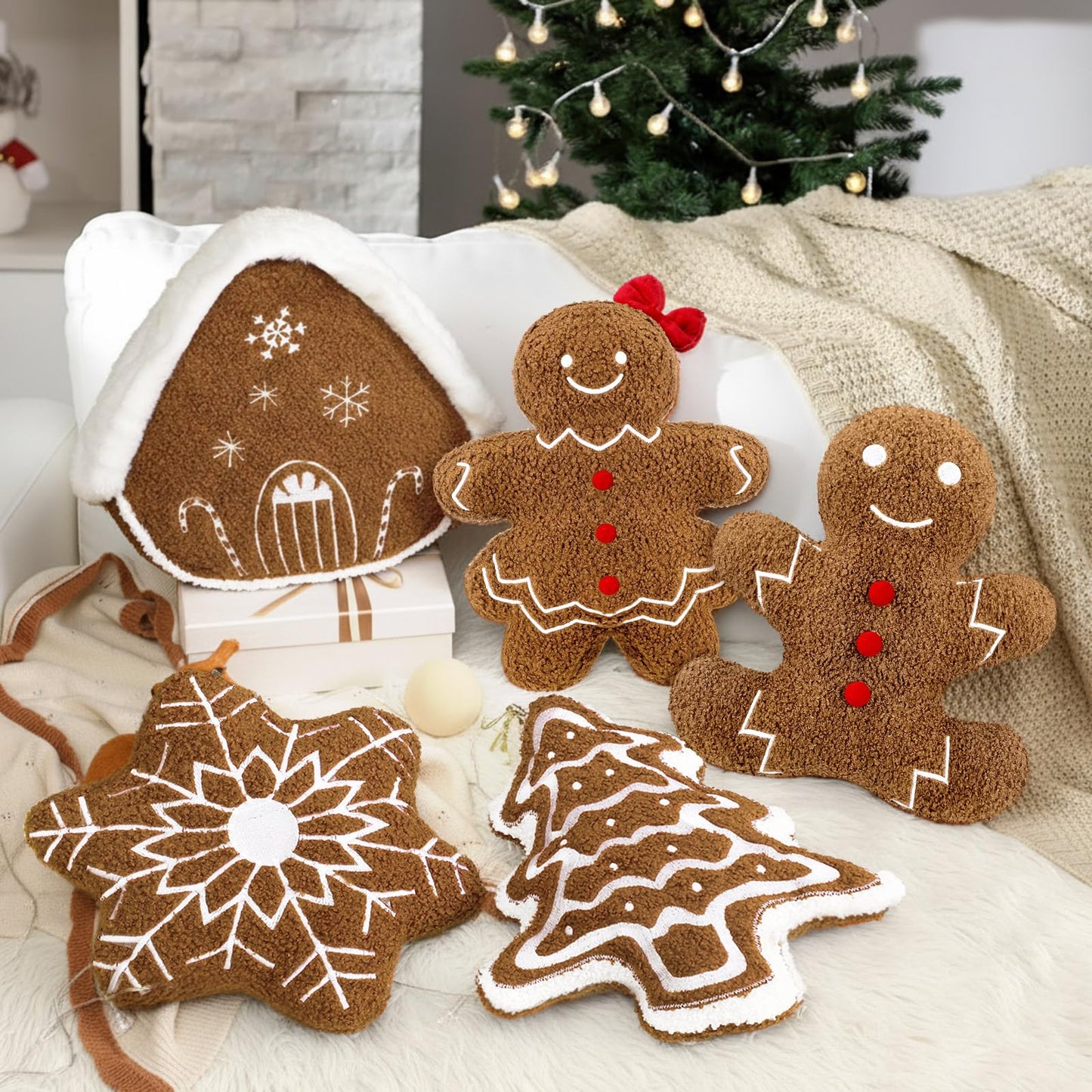 Geelin 5 Pcs Gingerbread Christmas Decorations Christmas Throw Pillows Stuffed Plush Gingerbread Man House Xmas Tree Snowflake Lumbar Pillows Cushion for Winter Holiday Bed Sofa Couch Outdoor Party