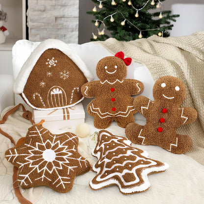 Geelin 5 Pcs Gingerbread Christmas Decorations Christmas Throw Pillows Stuffed Plush Gingerbread Man House Xmas Tree Snowflake Lumbar Pillows Cushion for Winter Holiday Bed Sofa Couch Outdoor Party