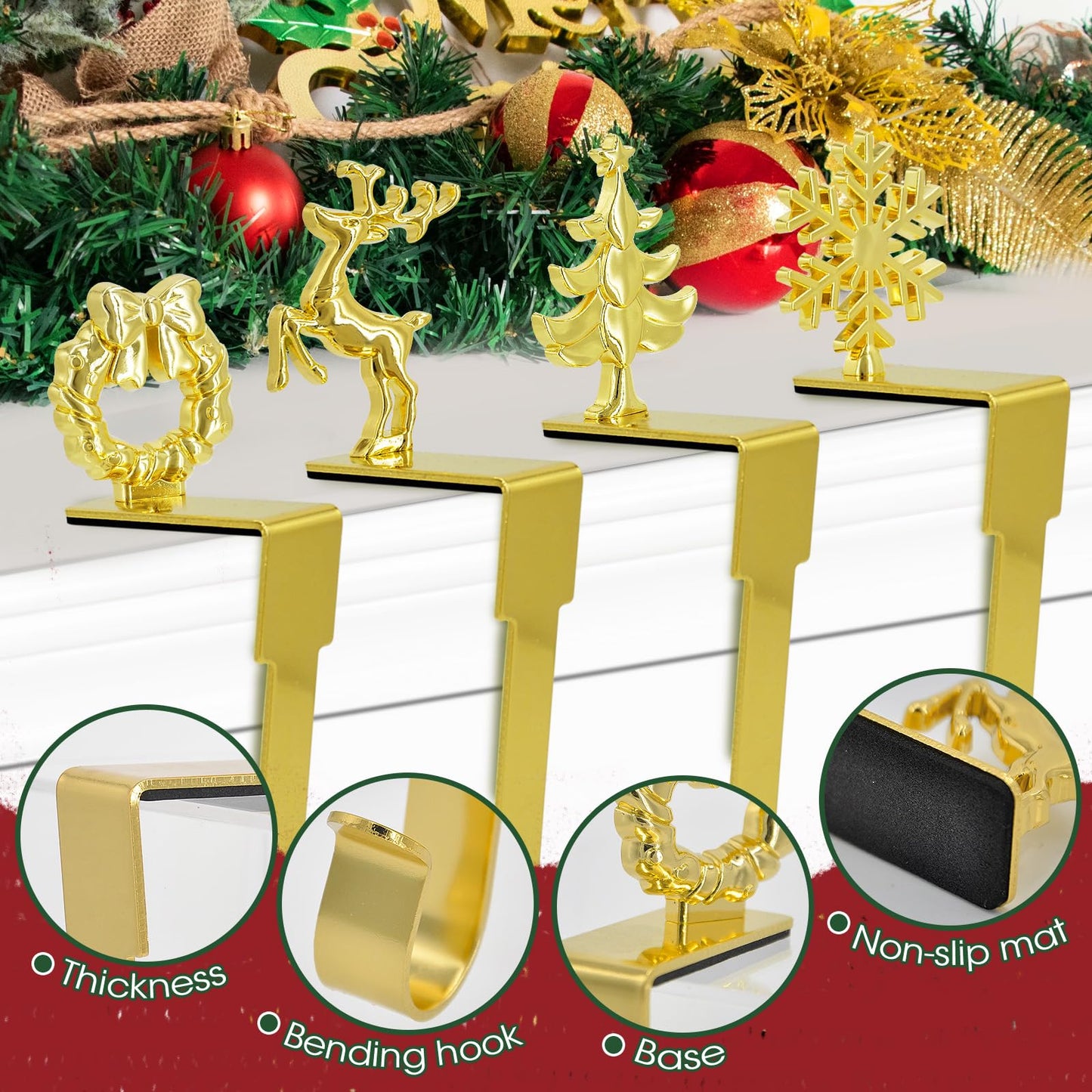 Komotu 4 Pcs Christmas Stocking Holders for Mantle, Upgrade Non-Slip Safety Mantel Hooks Hanger Grip Fireplace Hang Hook for Christmas Halloween Party Decoration(Gold)