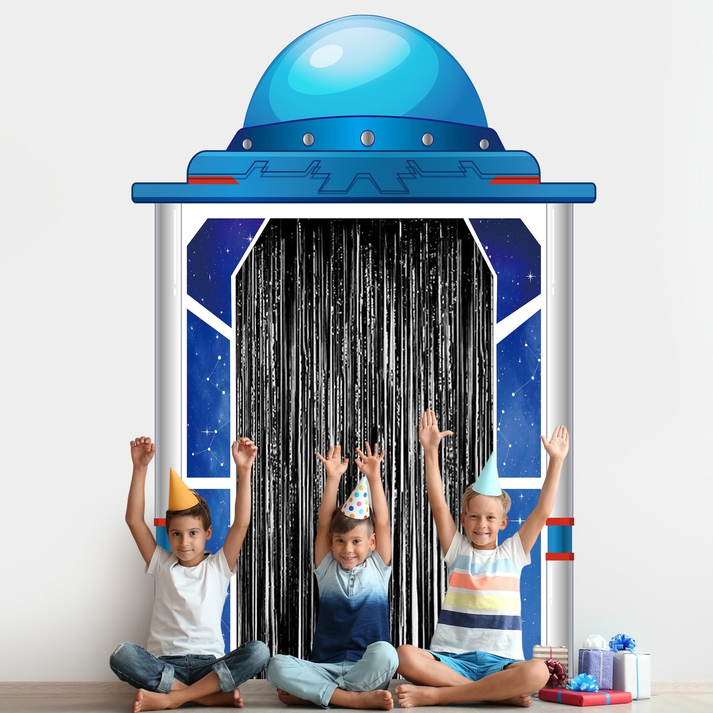 Space Ship Party Porch Banner Outer Space Theme Birthday Door Hanging Backdrop with Foil Fringe Curtains Astronaut Planet Photo Props Rocket Star Background Door Entryway Decor for Classroom Bedroom