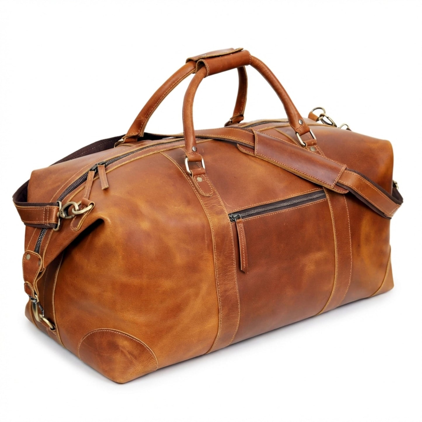 Cuero Full Grain Leather Duffle Bag for Men, Buffalo Overnight Weekend Travel Bag, Carry On with Organized Pockets, YKK Zippers, Adjustable Strap (Tan)