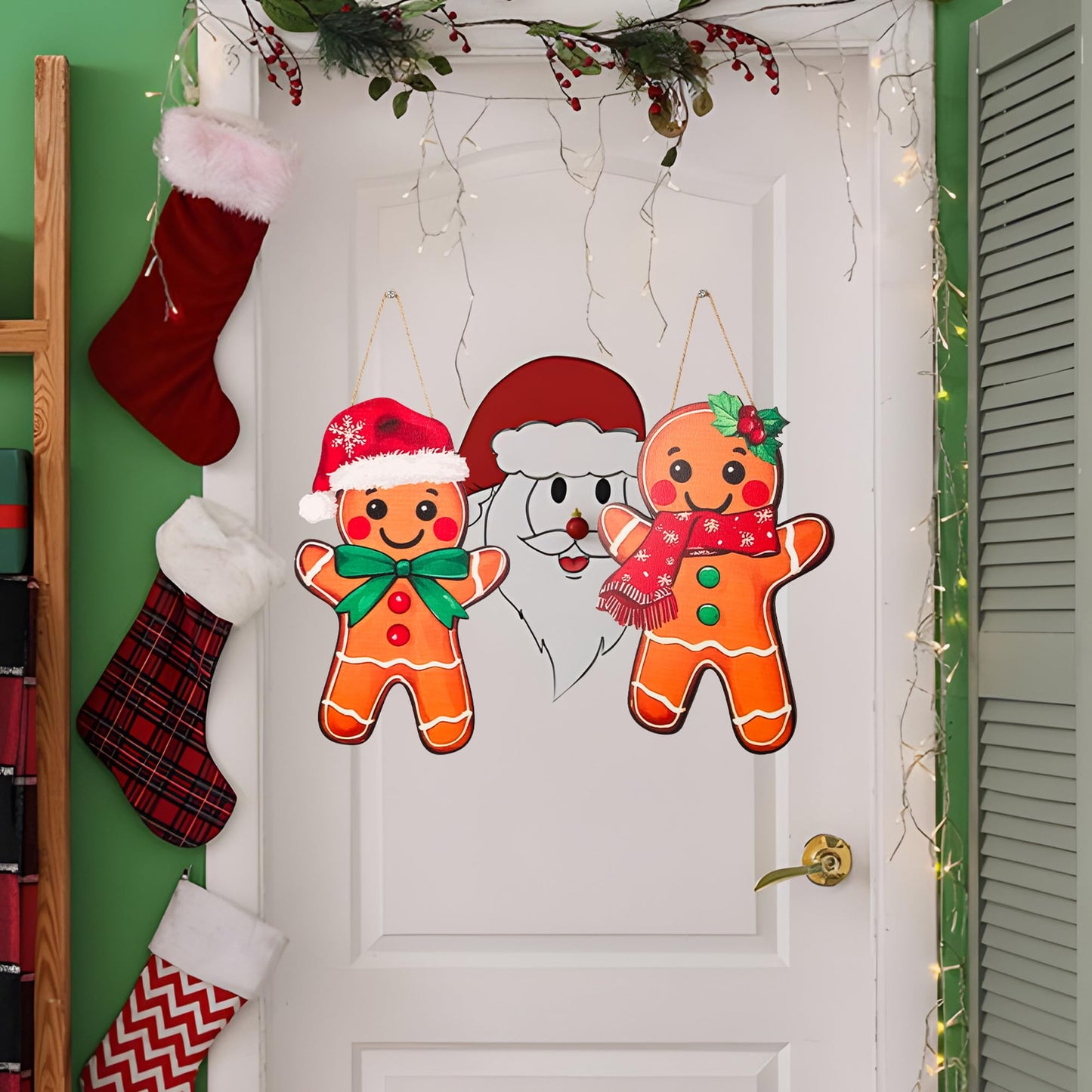 2Pcs Christmas Gingerbread Hanging Signs Gingerbread Men Women Front Door Decor Xmas Red Green Welcome Wreath Hanger for Holiday Porch Window Wall Home Decor