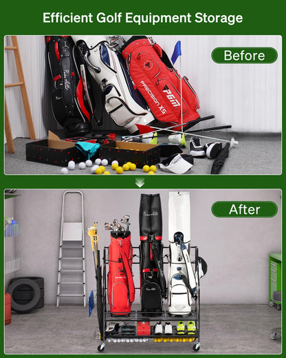 FHXZH 3 Golf Bag Storage Garage Organizer, Golf Bag Stand Fit for 3 Golf Bags, Golf Clubs, Golf Balls, Golf Equipment Accessories, Storage Rack with Wheels for Garage, Club, Shed, Basement