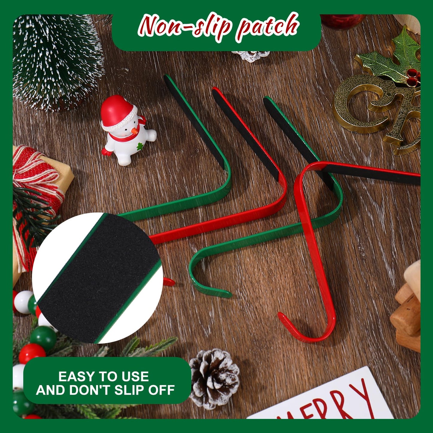 JarThenaAMCS 4Pcs Christmas Stocking Holders Metal Hanging Hooks Ornament Fireplace Mantel Hanger for Xmas Holiday Party Decorations (Red and Green)