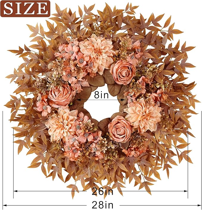 26" Fall Wreath for Front Door - Large Artificial Dahlia Flowers Fake Rose Faux Maple Leaves Outdoor Wreath for Porch, Window,Farmhouse,Home,Thanksgiving Day Harvest Festival Autumn Decor