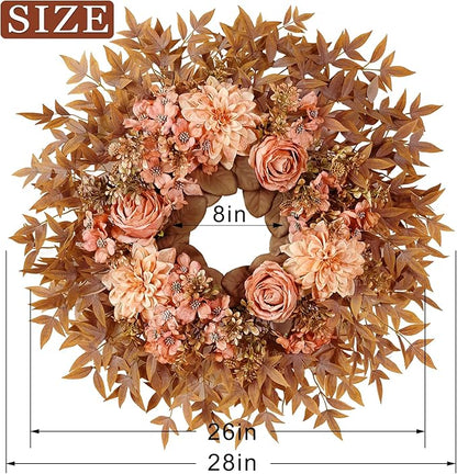 26" Fall Wreath for Front Door - Large Artificial Dahlia Flowers Fake Rose Faux Maple Leaves Outdoor Wreath for Porch, Window,Farmhouse,Home,Thanksgiving Day Harvest Festival Autumn Decor