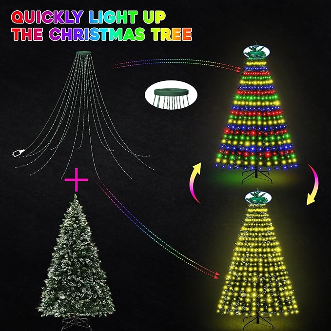 30+ Modes Ring Christmas Tree Lights Indoor Outdoor - 10Ft x 12 Lines 432 LED Easy App Control Color Changing Timer Remote Waterproof for 7.5 8 9 10 11 Ft Xmas Trees (Warm White to Multicolor)