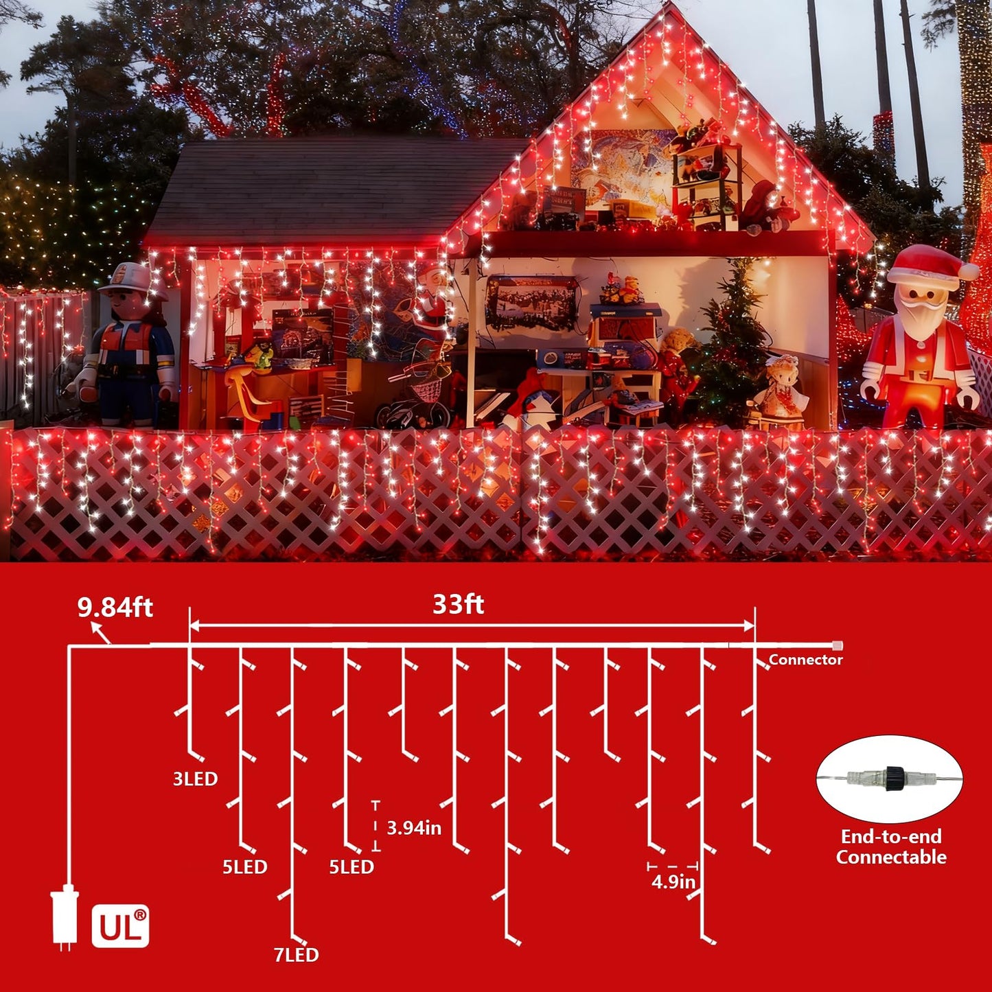 YEGUO 33ft 400 LED Red and White Icicle Lights Outdoor Waterproof, 80 Drops Icicle String Lights Connectable, 8 Modes Icicle Christmas Lights with Memory