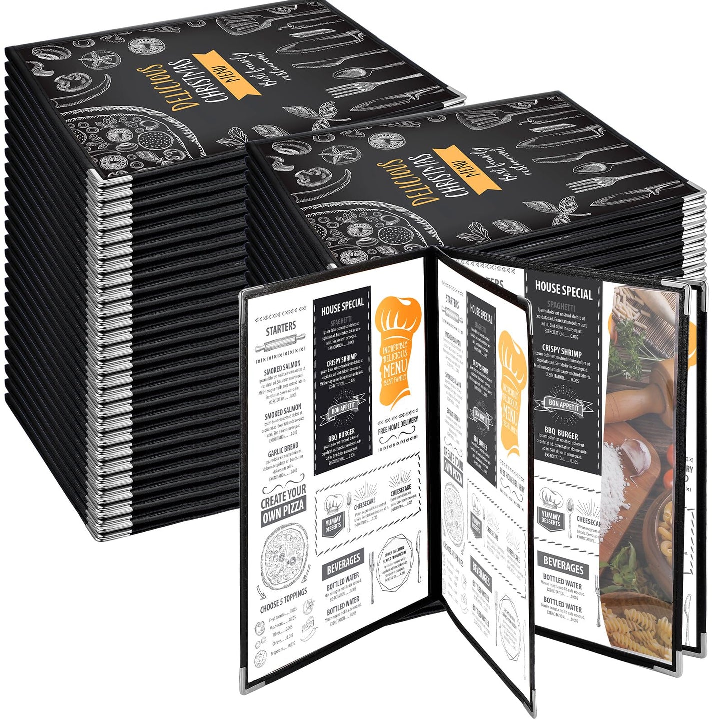 Henoyso 50 Pcs 8.5 x 11 Inch Menu Covers 4 Page 8 View Transparent Restaurant Covers Book Fits A4 Size Paper, Bar Cafe Clear Menu Holder Folder with Leatherette Trim and Decorative Corners, Black