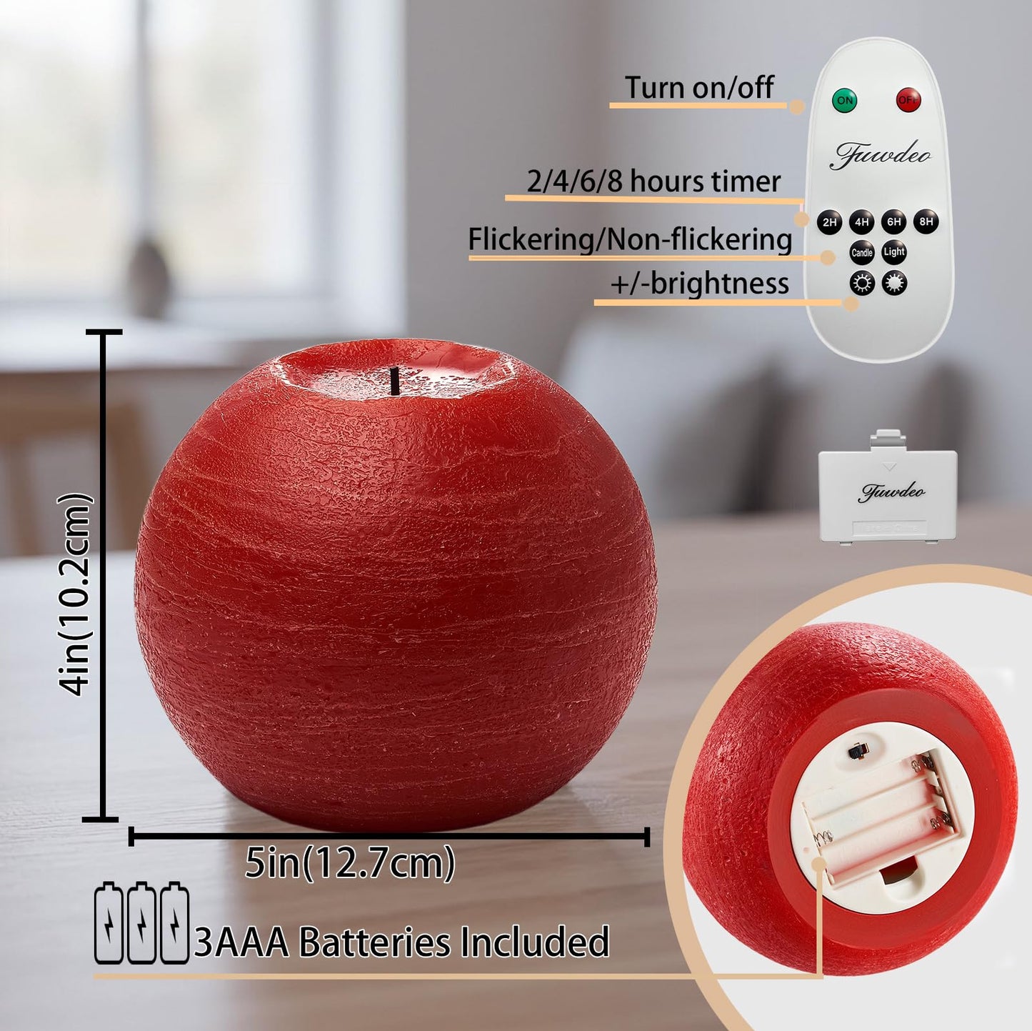 FUWDEO Flameless Candles with Remote & Timer,4" H LED Battery Operated Round Candle 2 Pack,Real Wax Christmas Candle Lights Flickering for Christmas Gift Wedding Home Decor (Red)