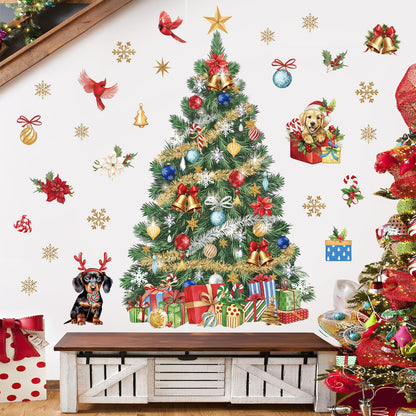 wondever Large Christmas Tree Wall Stickers Evergreen Tree Christmas Flowers Dogs Cardinal Birds Window Wall Art Decals for Christmas Party Window Xmas Home Party