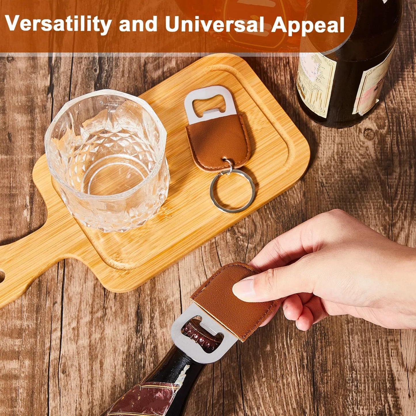 Maxcheck 24 Pcs Dye Leather Bottle Opener Keychain Sublimation Beer Steel Bottle Opener PU Leather Keychain for Gift (Brown)