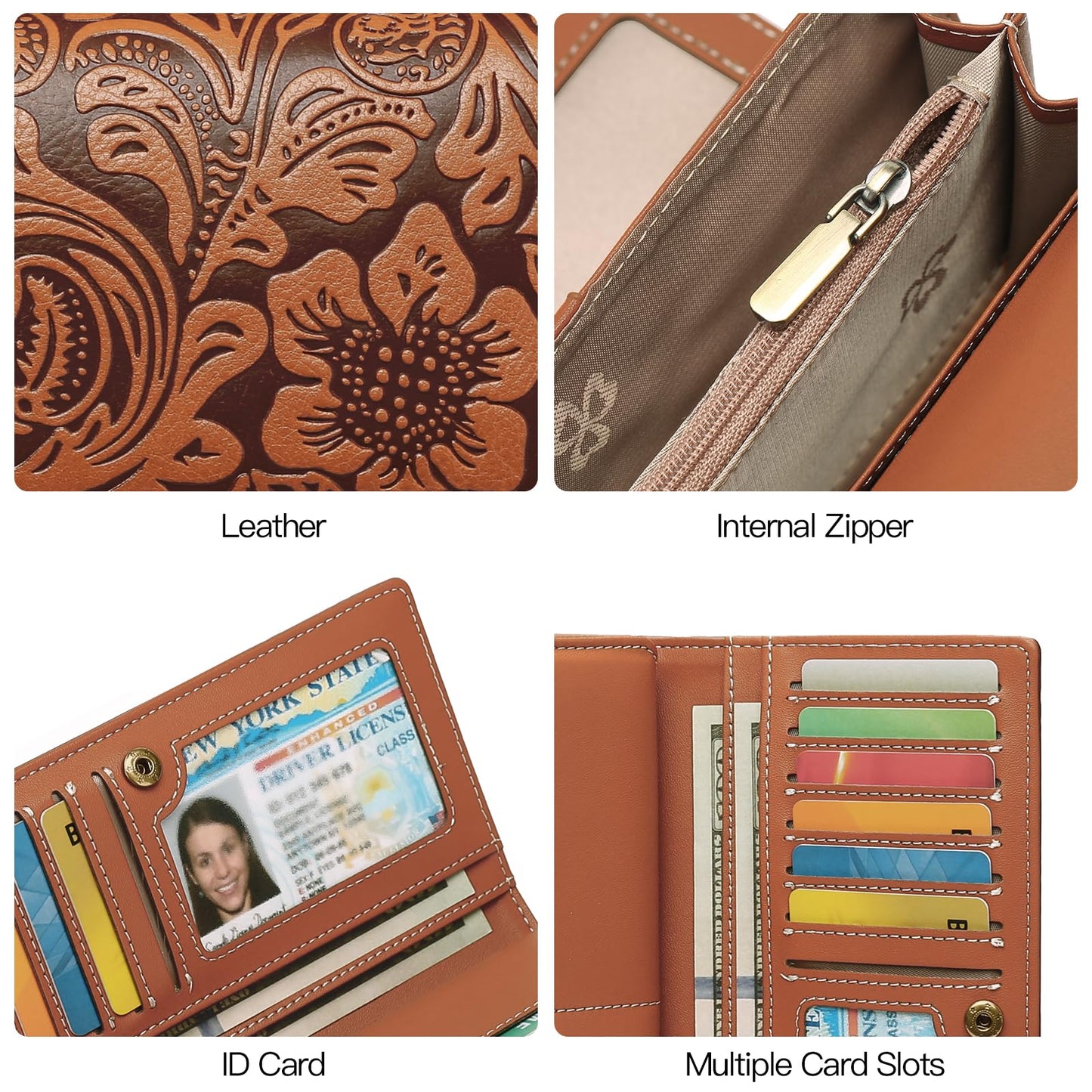 GOIACII Women's Wallet RFID Blocking Long Clutch Ladies Purse Vegan Leather Embossed Flower Brown