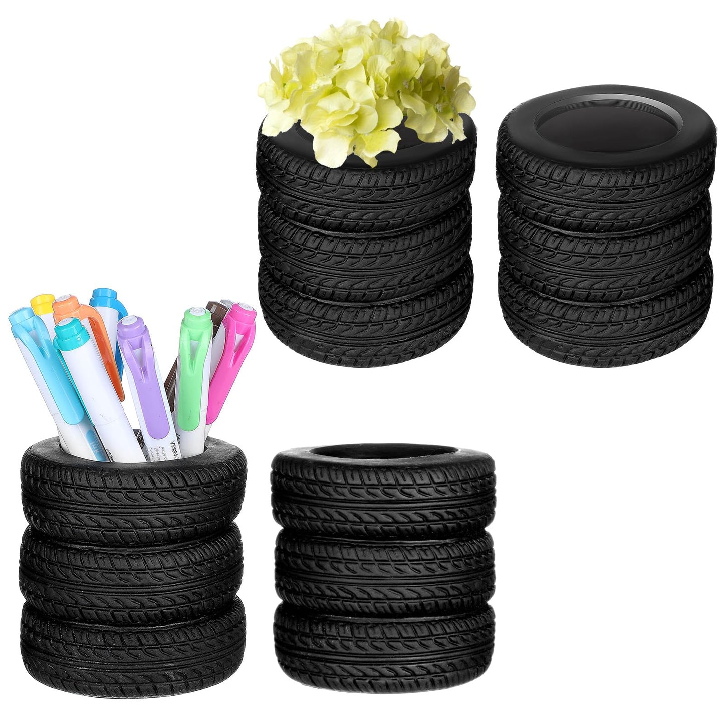 4 PCS Tire Shape Pencil Holder, Car Tire Pencil Holder, Black Pen Holder, Suitable for Classroom, School, Office, Study Room (Black)
