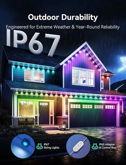 Permanent Outdoor Lights for House, RGB+IC IP67 Waterproof Smart Eave Lights 100ft with 72 LED, Eternity Lighting for Holiday Daily Decor, Work with Remote, APP