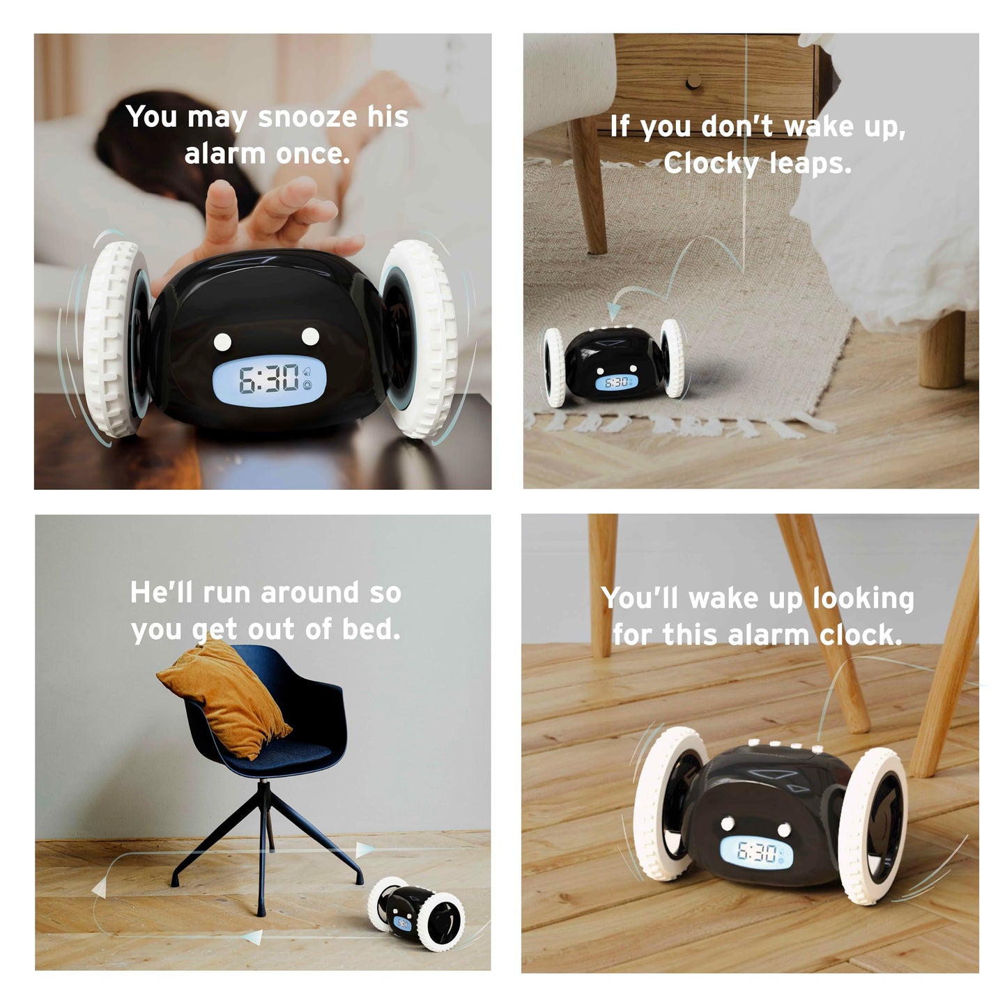 CLOCKY Alarm Clock on Wheels – Loud Rolling Alarm Clock for Heavy Sleepers | Runaway Clock that Jumps & Runs to Wake You Up | Funny Unique Gift for Adults, Teens & Kids Bedrooms (Black)