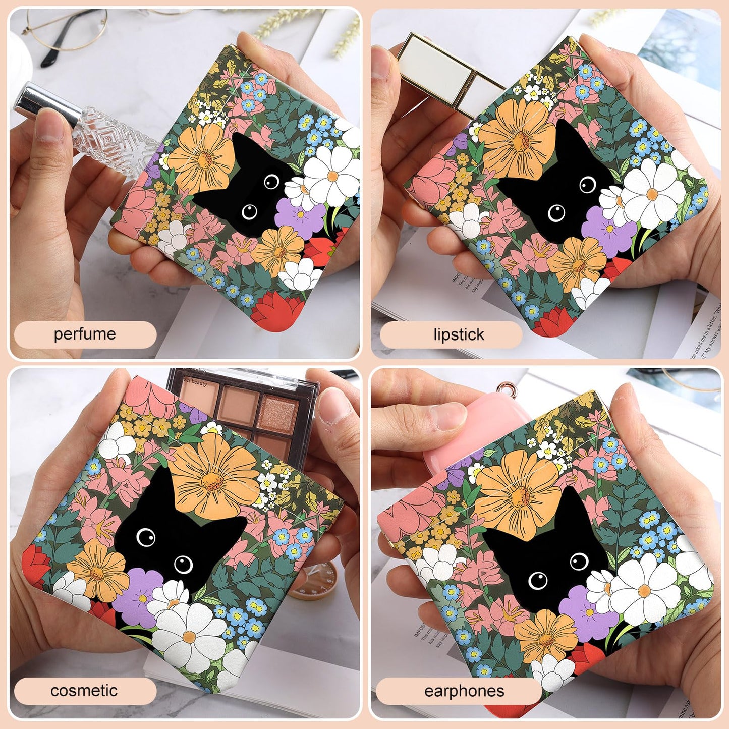2Pcs PU Leather Small Squeeze Coin Purse Pouch Mini coin Bag Unique And Cute Wallet Cosmetic Bags Change Bag For Women Girls Men Flower And Cat