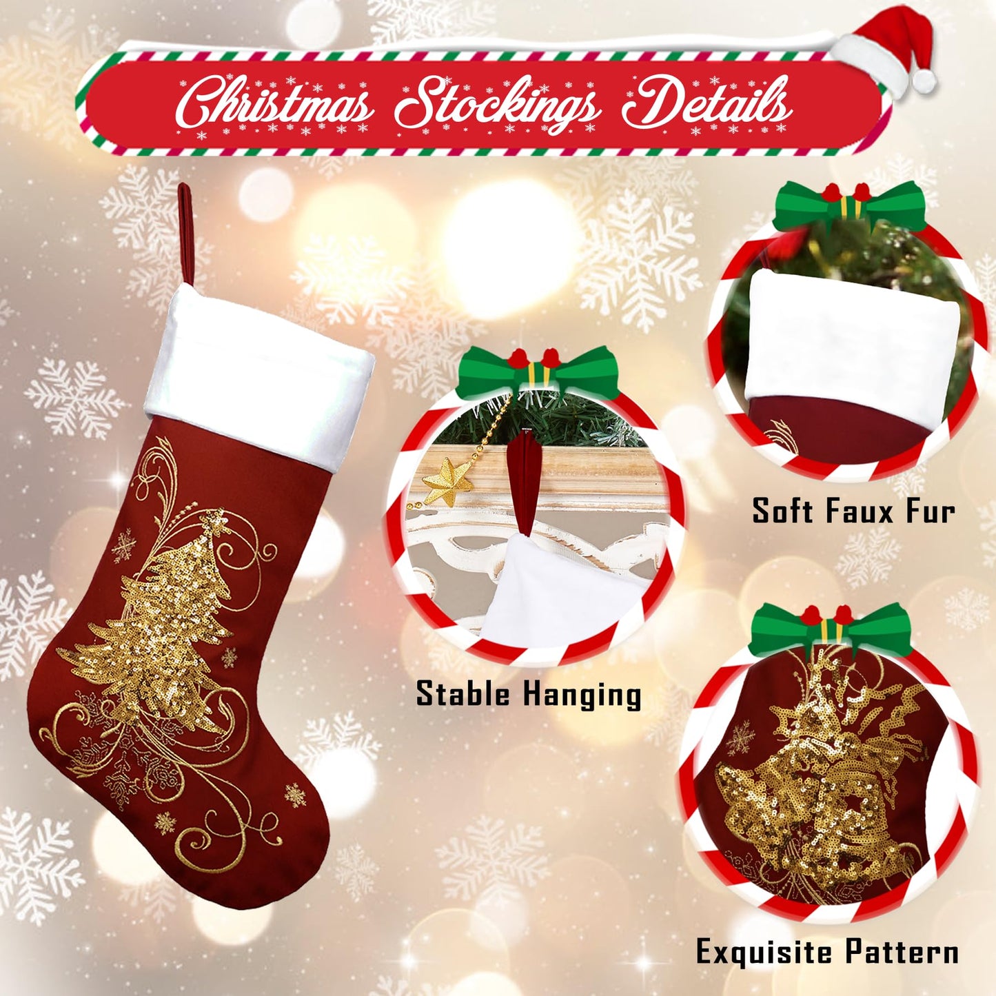 Roycraft Christmas Stockings Set of 6 Velvet Gold 19 inches Red Sequins Christmas Stockings Fireplace Hanging Ornament for Family Decorations Holiday