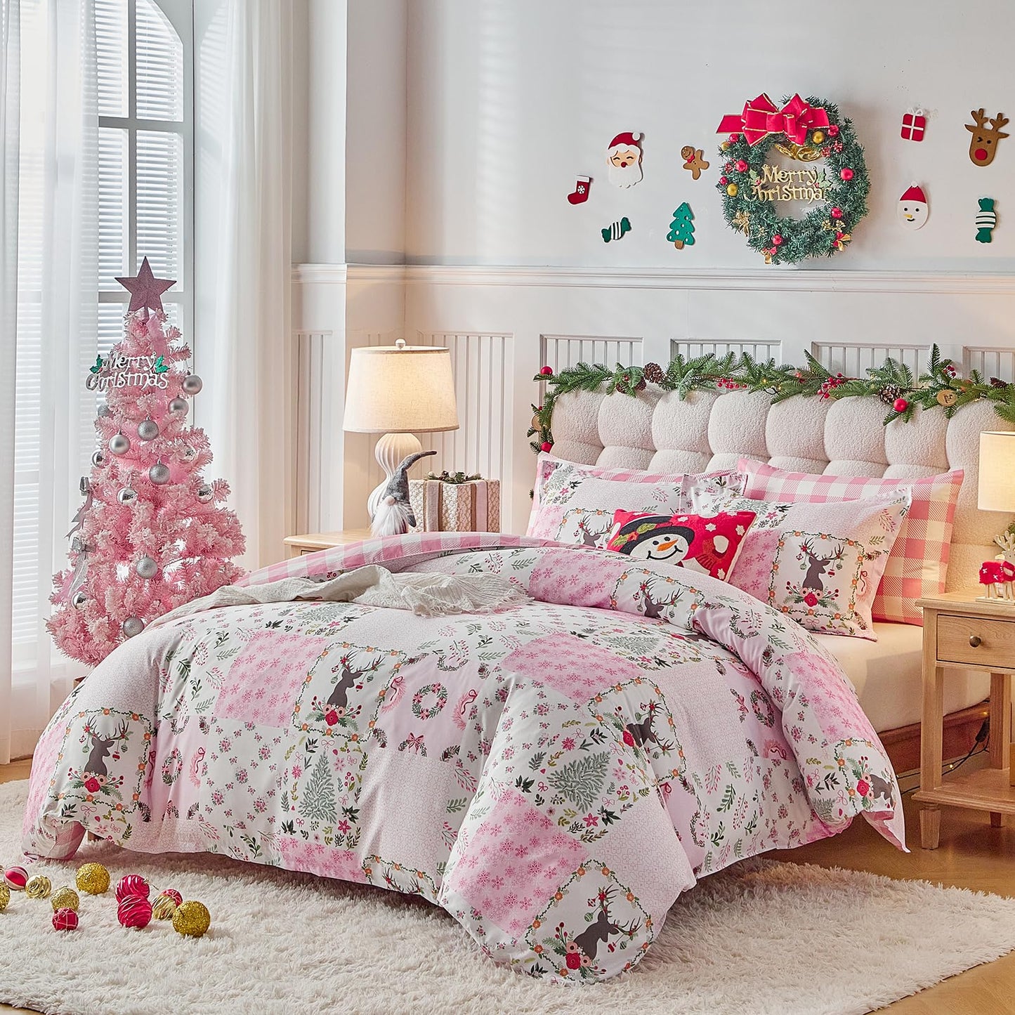 Joyreap 3pcs Christmas Duvet Cover Set King, Pink n White Xmas Patchwork Design Comforter Cover Set, Includes 1 Duvet Cover and 2 Pillow Shams
