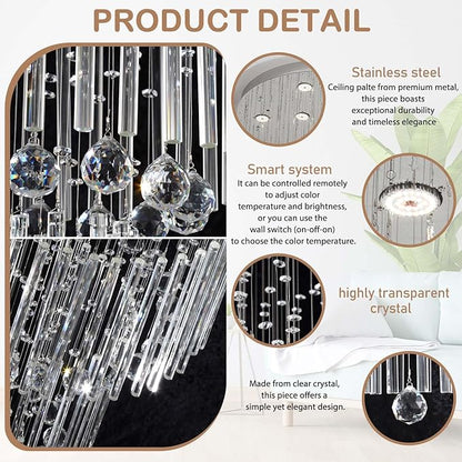 Flashing God D24''XH86'' Large Crystal Chandelier Silver Modern Raindrop Ceiling Light, High Ceiling Chandelier Suitable for Entrance Villas and Foyer