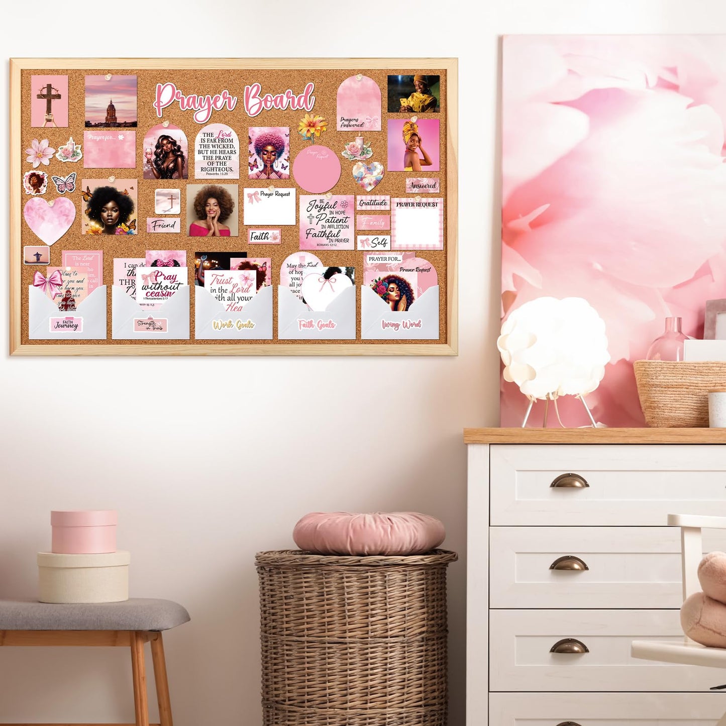 Black Women Prayer Board Kit - Vemfare 162 Pcs Prayer Board Stickers Supplies with Pins Envelope Bible Verse Quotes Cards, Pink Scrapbook Stickers, Bible Study Supplies for Women (Not Cork Board)