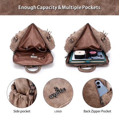 Angel Kiss Backpack Purse Women PU Leather ladies fashion shoulder bag Casual Tassel Zipper Backpacks(Taupe)