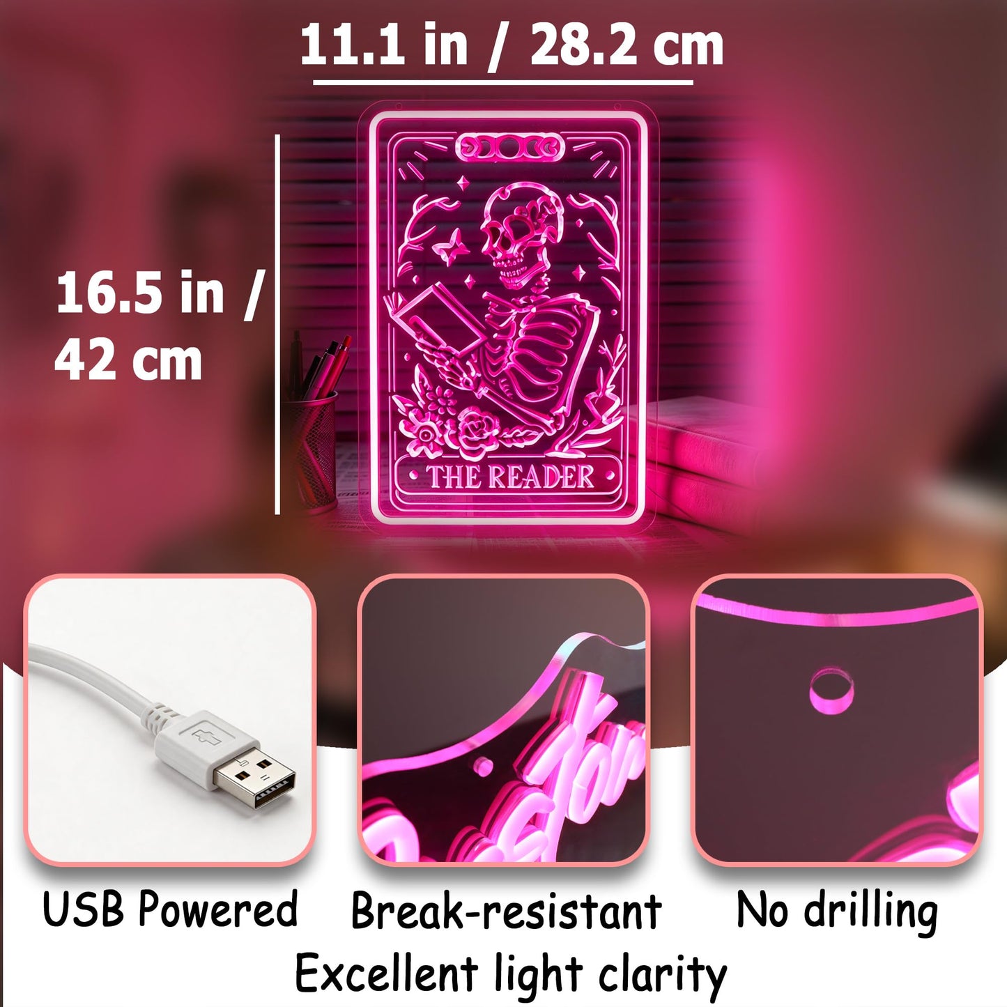 Whfobfe Pink Neon Sign Led Neon Lights Signs for Wall Decor USB Powered Led Signs for Room Decoration-Skeleton Reading Book