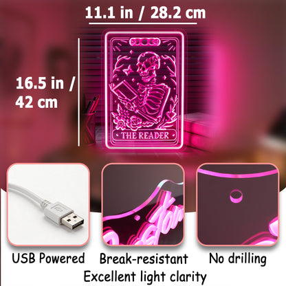 Whfobfe Pink Neon Sign Led Neon Lights Signs for Wall Decor USB Powered Led Signs for Room Decoration-Skeleton Reading Book