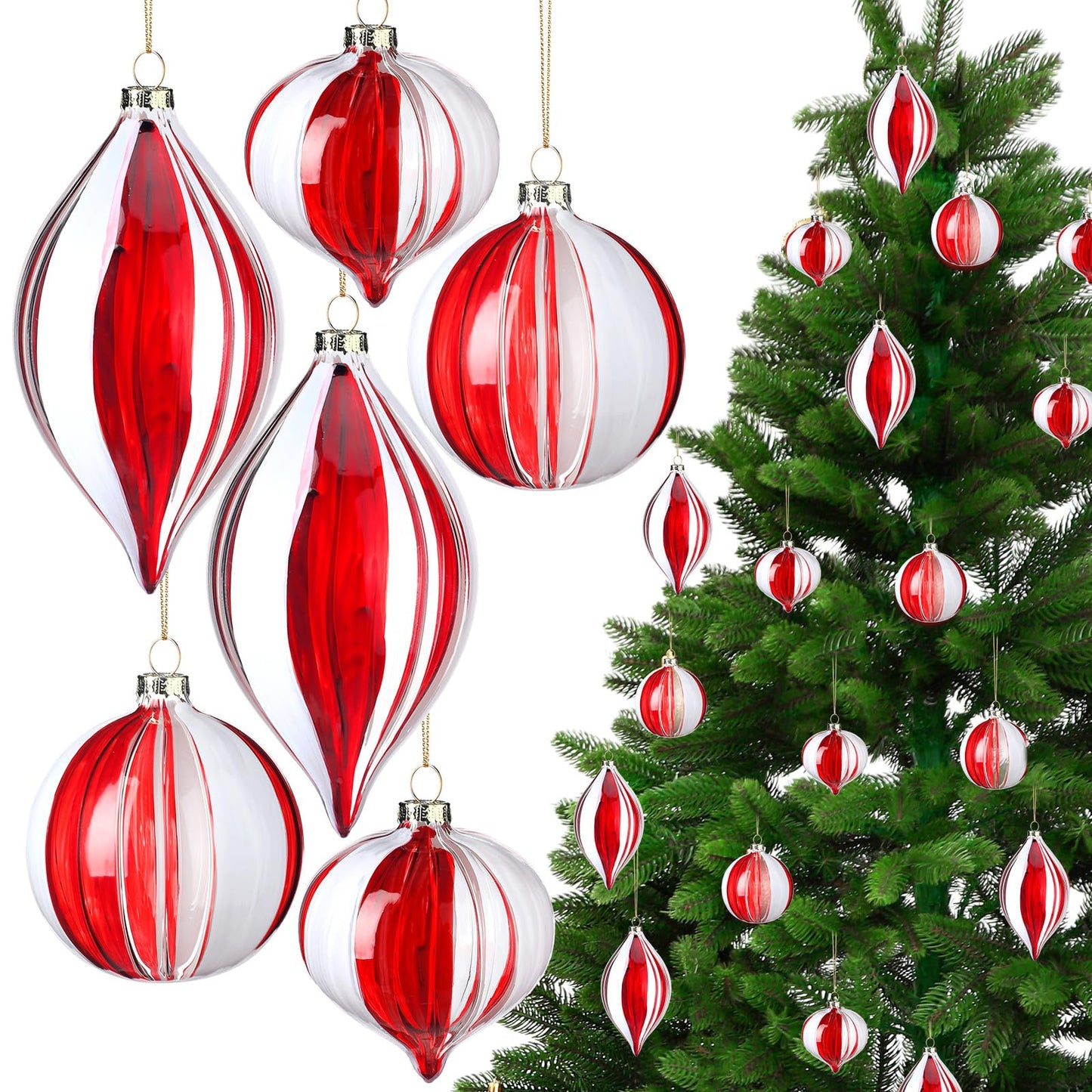 Motionchic 6 Pcs Christmas Candy Balls Ornament Glass Christmas Tree Decorations Red and White Striped Peppermint Hanging Xmas Decorations for Trees Party Wedding Holiday, 3 Styles