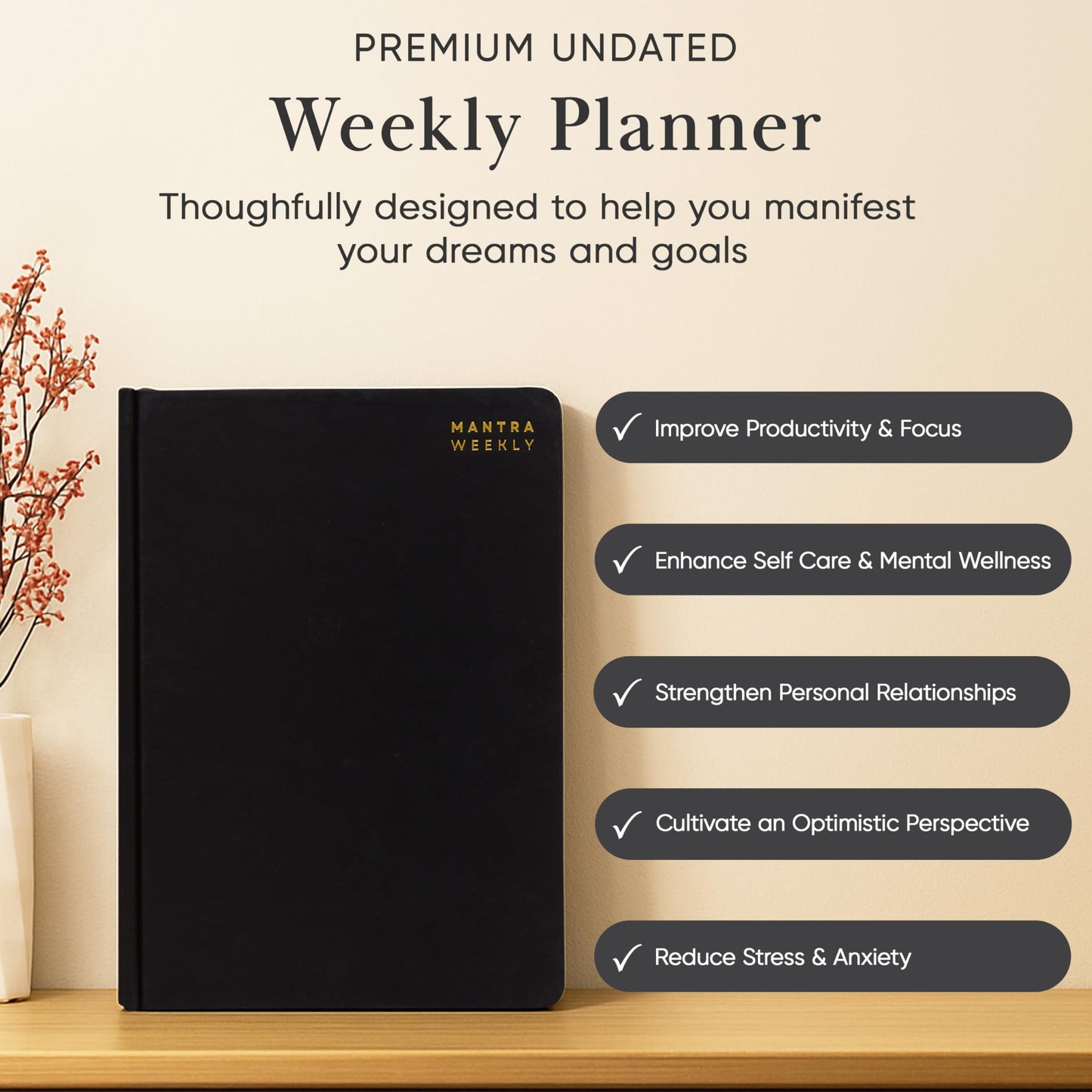 Mantra Planner 2026 Planner, Daily Journal & Gratitude Journal All-In-One with To Do List, Self Care Prompts & Habit Tracker - 7 x 10 - Black