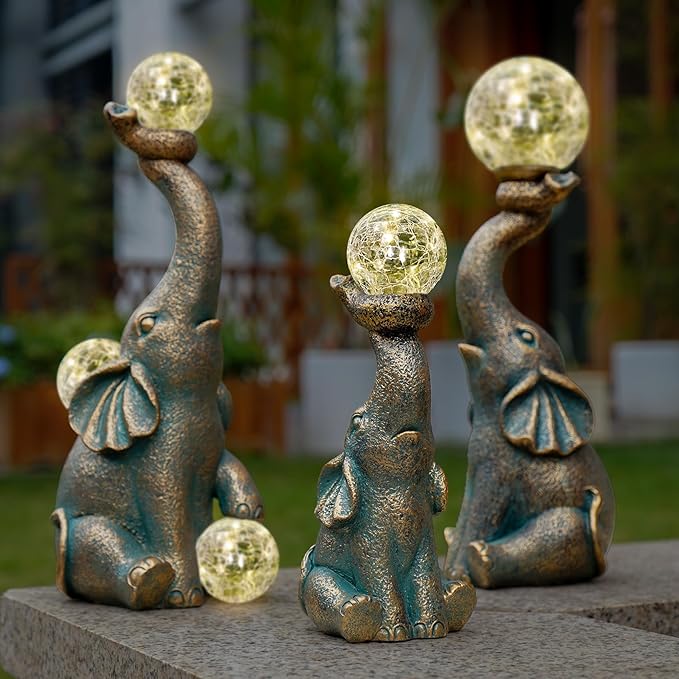 MININOVA Solar Elephant Garden Decor Outdoor Statues with Cracked Glass Ball(8 LED Lights), Cute Elephant Figurine for Patio, Lawn, Yard Decorations Gift for Mother Thanksgiving Day Christmas