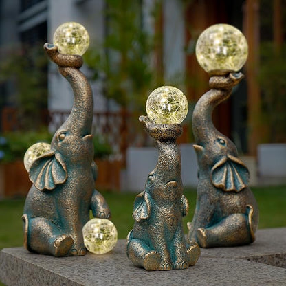 MININOVA Solar Elephant Garden Decor Outdoor Statues with Cracked Glass Ball(8 LED Lights), Cute Elephant Figurine for Patio, Lawn, Yard Decorations Gift for Mother Thanksgiving Day Christmas