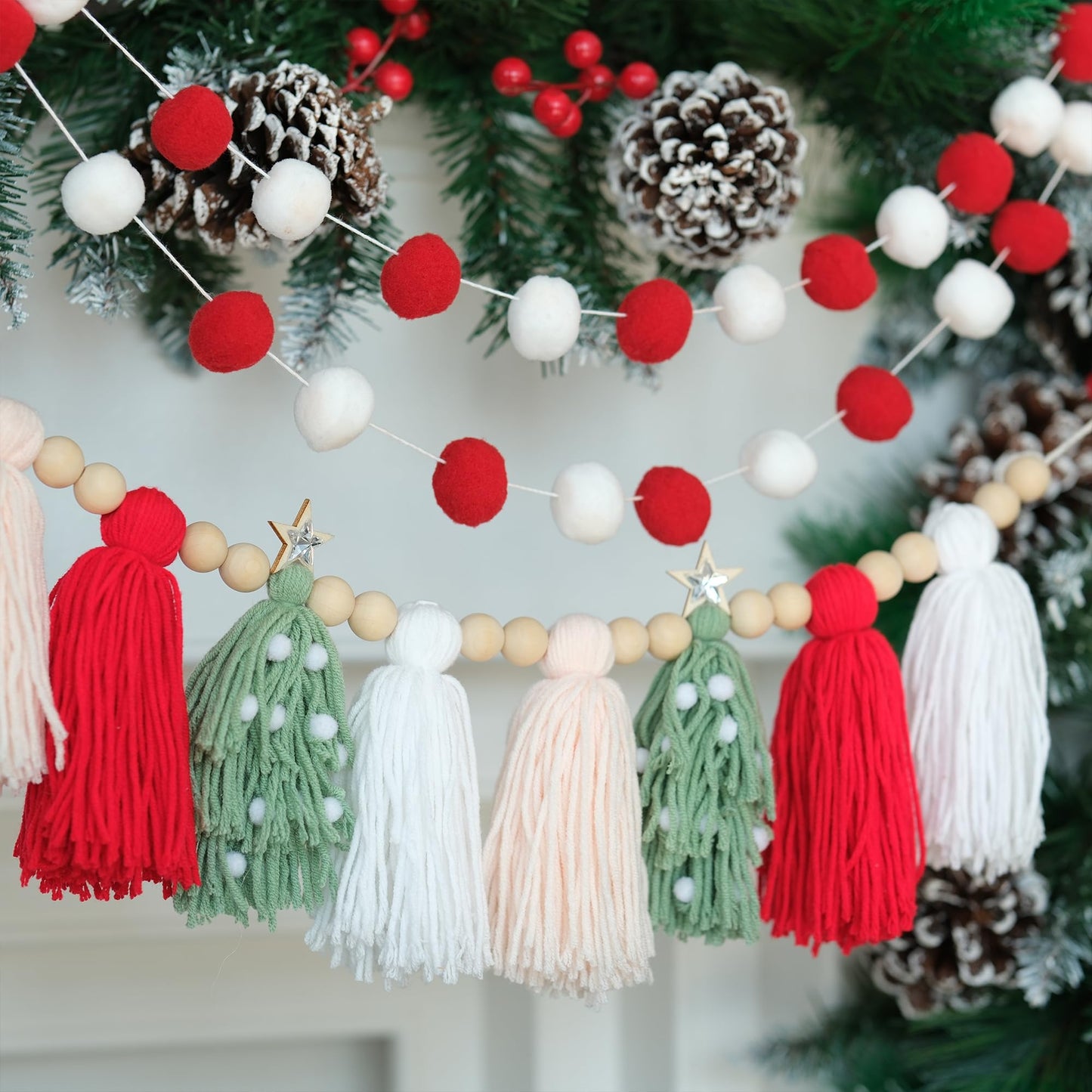 Christmas Tassel Garland Banner With Wood Beads And Pom Pom Garlands Wall Hanging Home Decor For Christmas