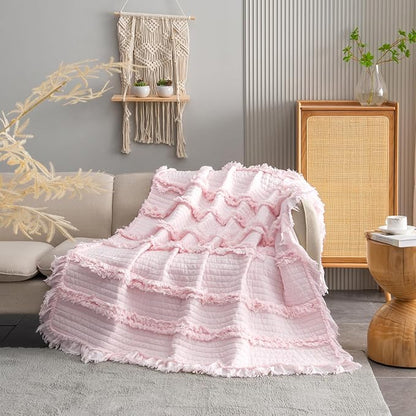 Ultra Soft Pre-Washed Quilted Boho Pink Twin Size Blankets for Bed, Ruffle Fringed Decorative Throw, Stone Washed Chic Rustic Blanket for Sofa Couch Bed, 60"*80"
