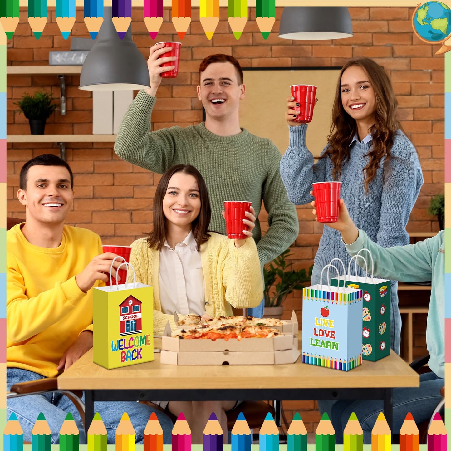 Kolldenn 24 Pcs Welcome Back to School Gift Goodie Bags with Handles First Day of School Party Favors Bags Paper Book Pencil Bus Gnome Candy Treat Pouch for Classroom Party Decorations Supplies