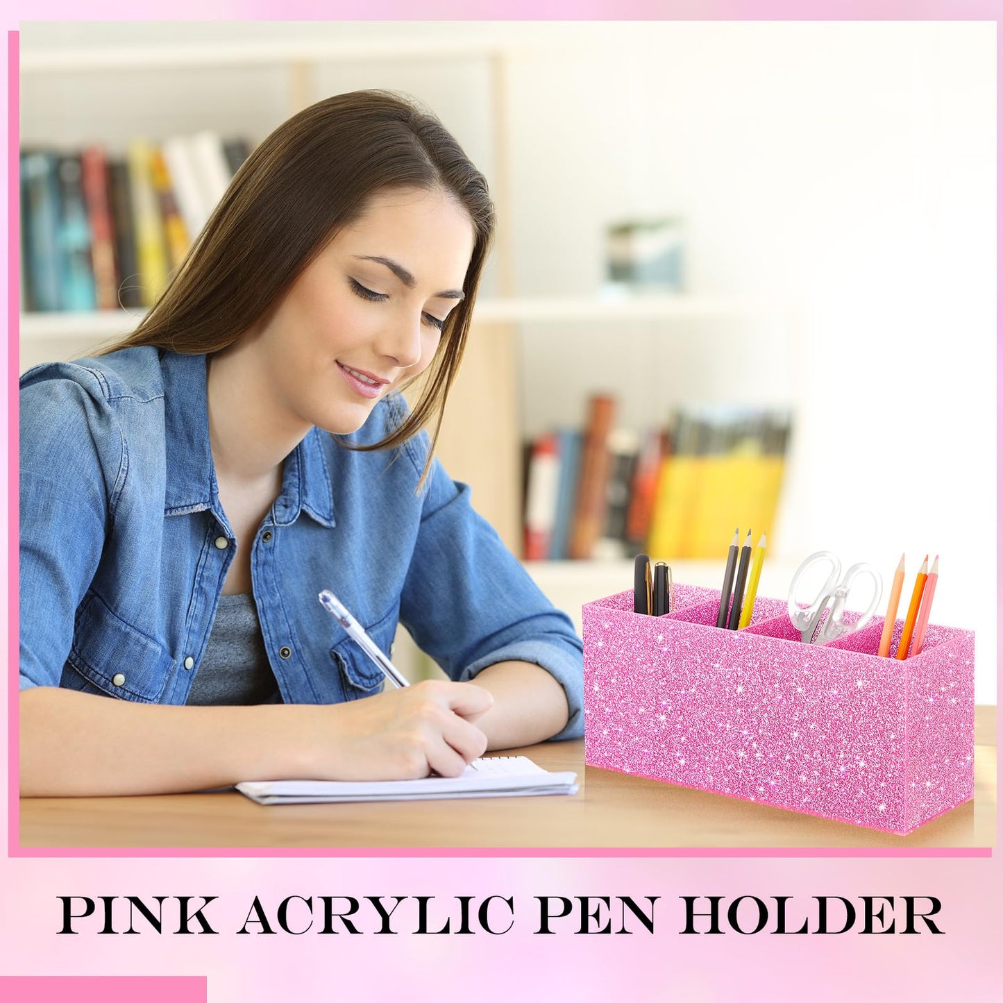 Jetec Acrylic Glitter Pen Holder 4 Compartments Bling Makeup Brush Stationery Organizer Pencil Holder for Desk Accessories Sparkly Gifts for Women Birthday Valentines Desktop Workplace Office(Pink)