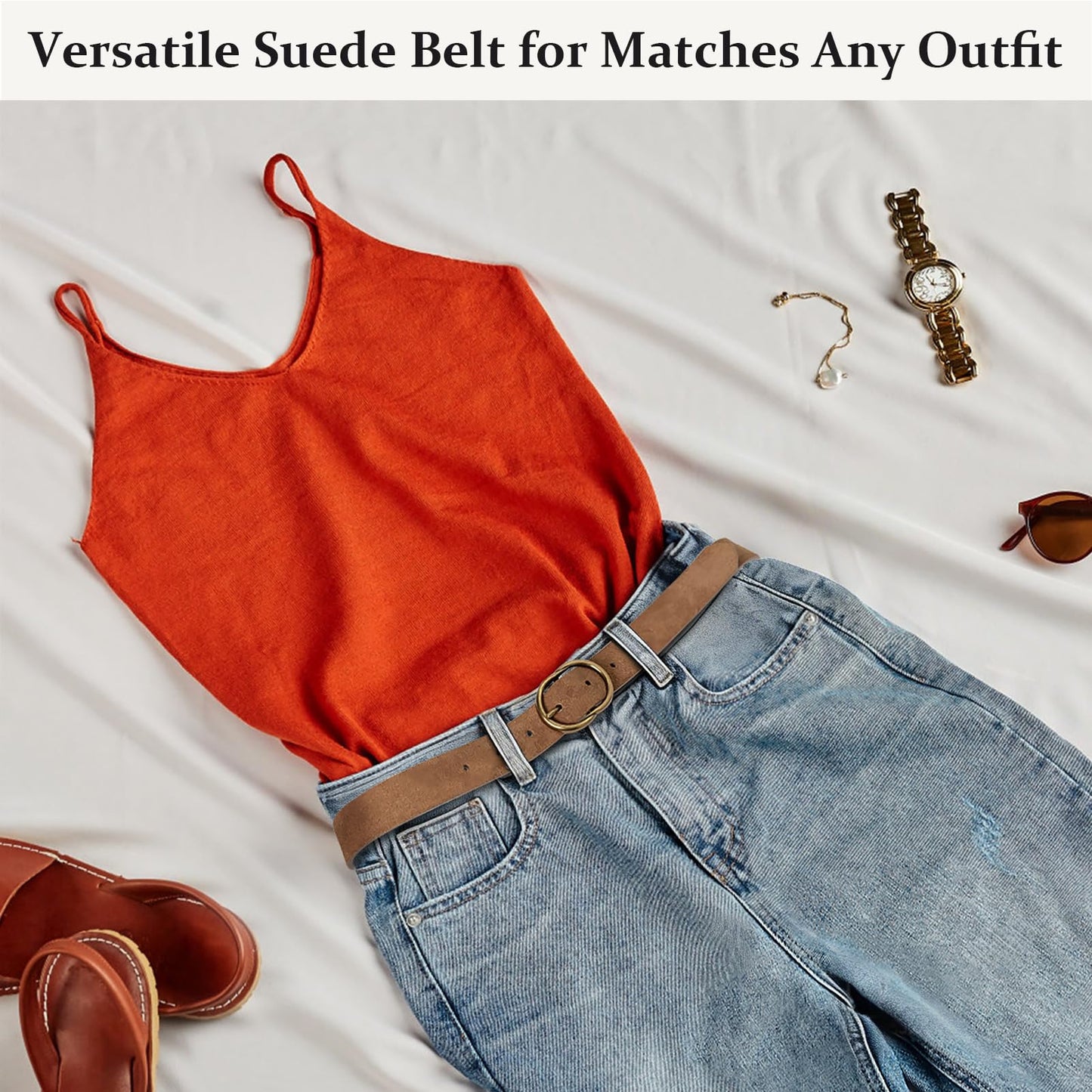 JIEDE Suede Women's Belt Fashion Brown Waist Belt for Women Adjustable Ladies Skinny Belts for Jeans Pants Dress (Brown01Suede-width 28mm, S - Fits Waist 30''-34'')