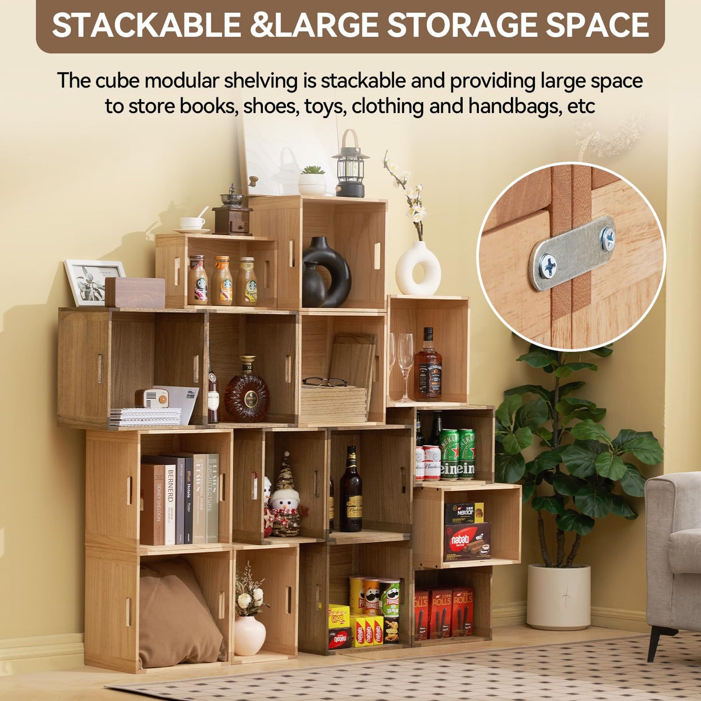 KIRIGEN Stackable Wood Storage Cube /Basket/ Bins Organizer for Home Books Clothes Modular Open Cubby Storage System - Office Cubical Bookcase Closet Shelves C26-NA