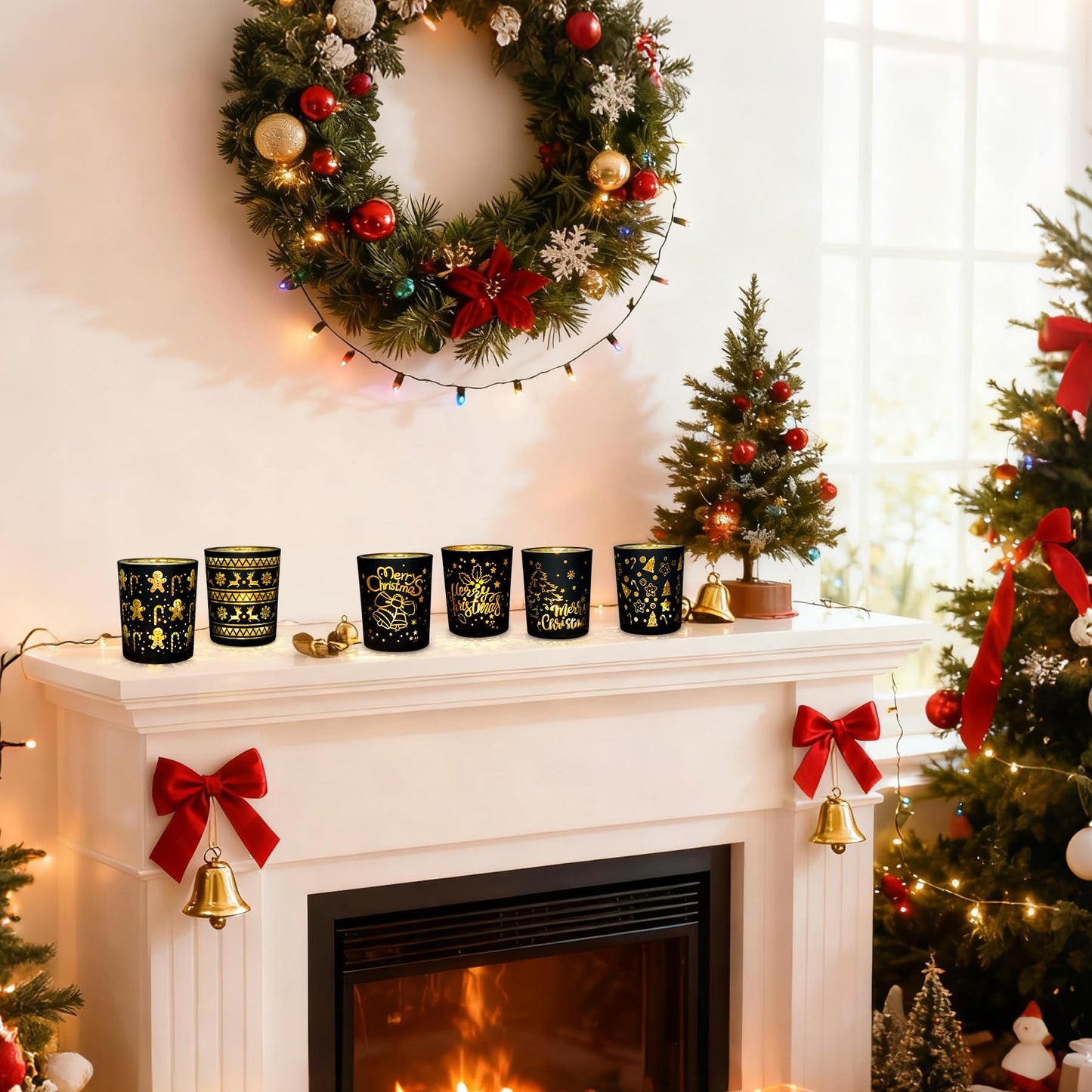 Christmas Votive Candle Holders, Set of 6 Black Gold Tealight Candle Holder for Christmas Table Centerpieces, Small Glass Tea Light Holders with Snowflake Reindeer Gingerbread Man for New Year Holiday