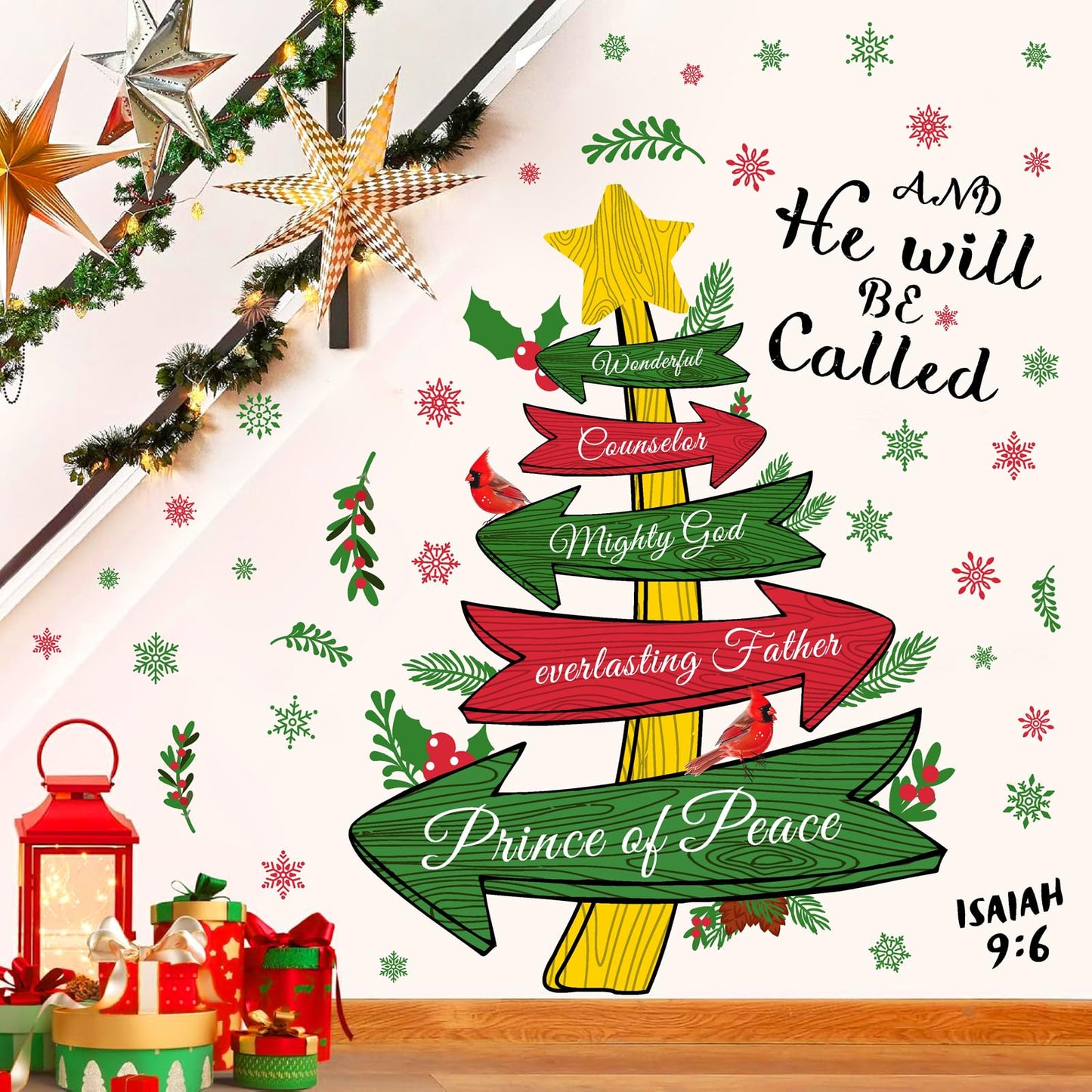 Christmas Wall Stickers Inspirational Xmas Quotes Wall Decals Peel and Stick Jesus Christmas Tree Stickers for Wall Decoration Snowflake Holiday Wall Art Decals for Living Room New Year Party Supplies