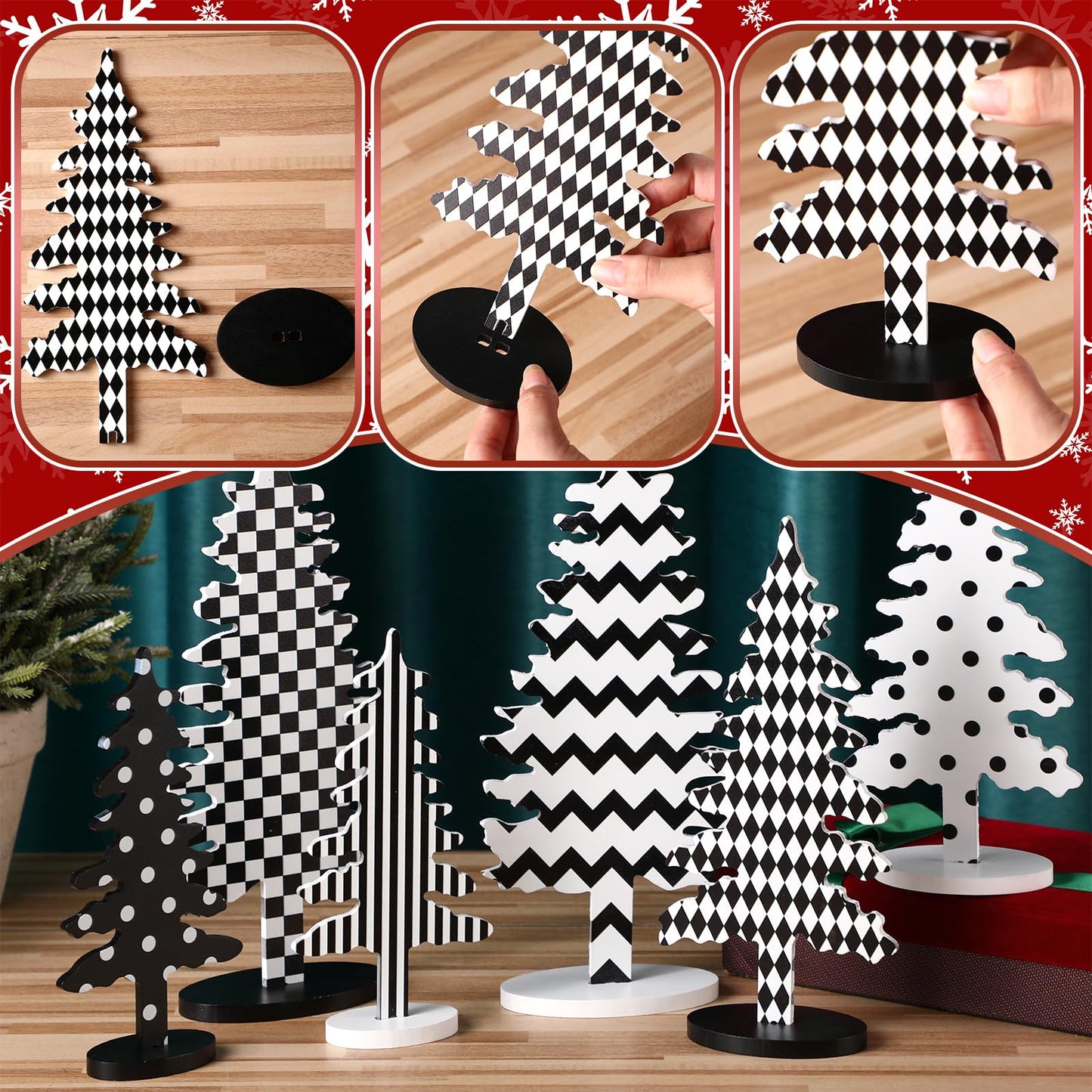 Kigley 6 Pcs Wood Christmas Tree Sign Table Decor 6" 8" 10.5" Black White Xmas Tree Tabletop Christmas Tiered Tray Centerpieces Xmas Gift for Home Mantel Shelf Office Party Windowsill Decoration